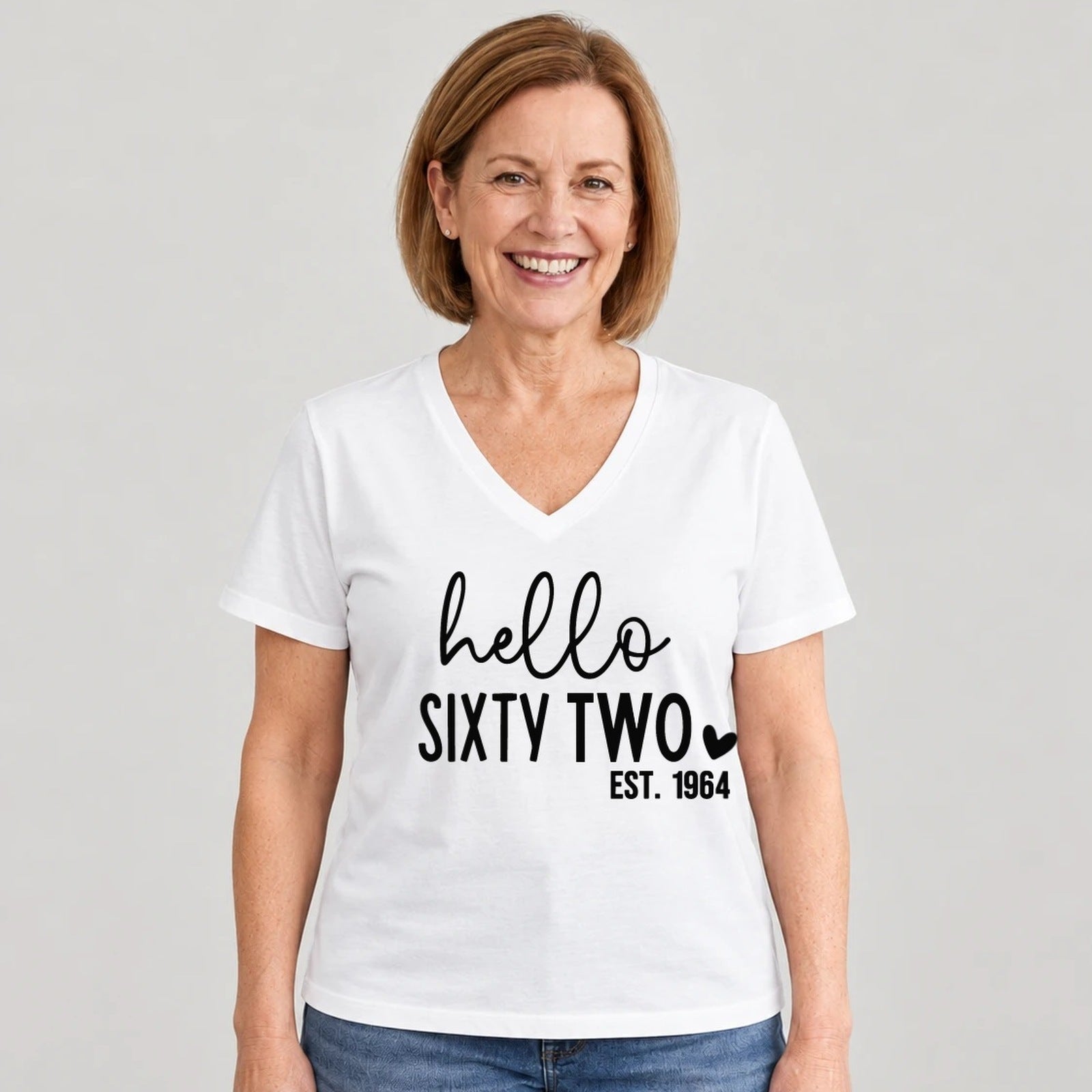Hello Sixty-Two 62nd Birthday T-Shirt for Women - Est. 1964 - White V-Neck