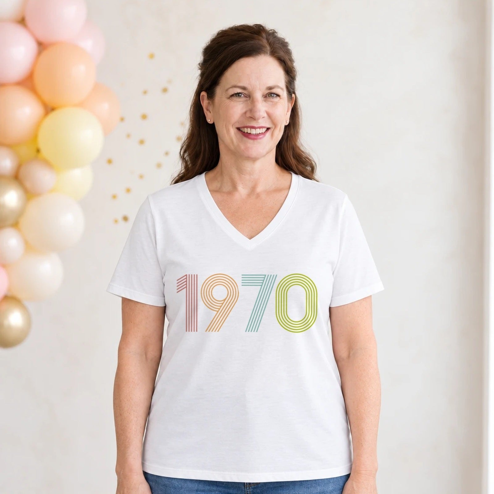 1970 Birth Year Shirt - Retro 56th Birthday T-Shirt for Women - White V-Neck