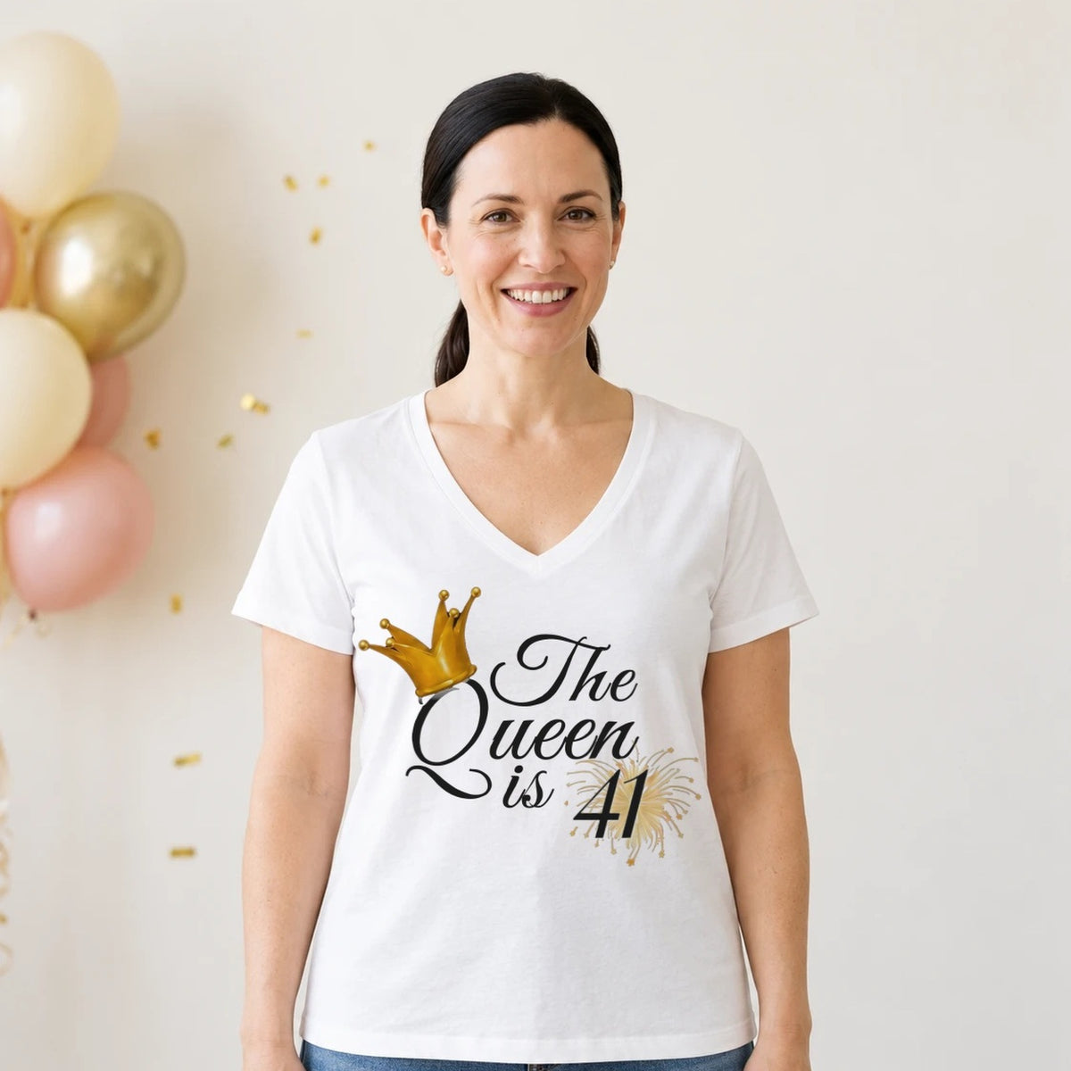 The Queen Is 41 - 41st Birthday Queen T-Shirt for Women - White V-Neck