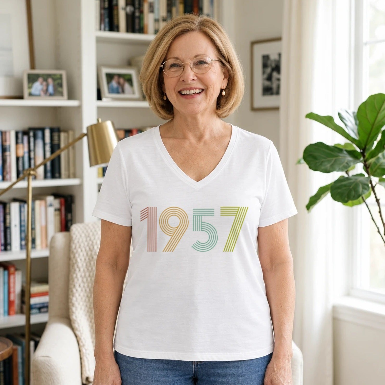 1957 Birth Year Shirt - Retro 69th Birthday T-Shirt for Women - White V-Neck