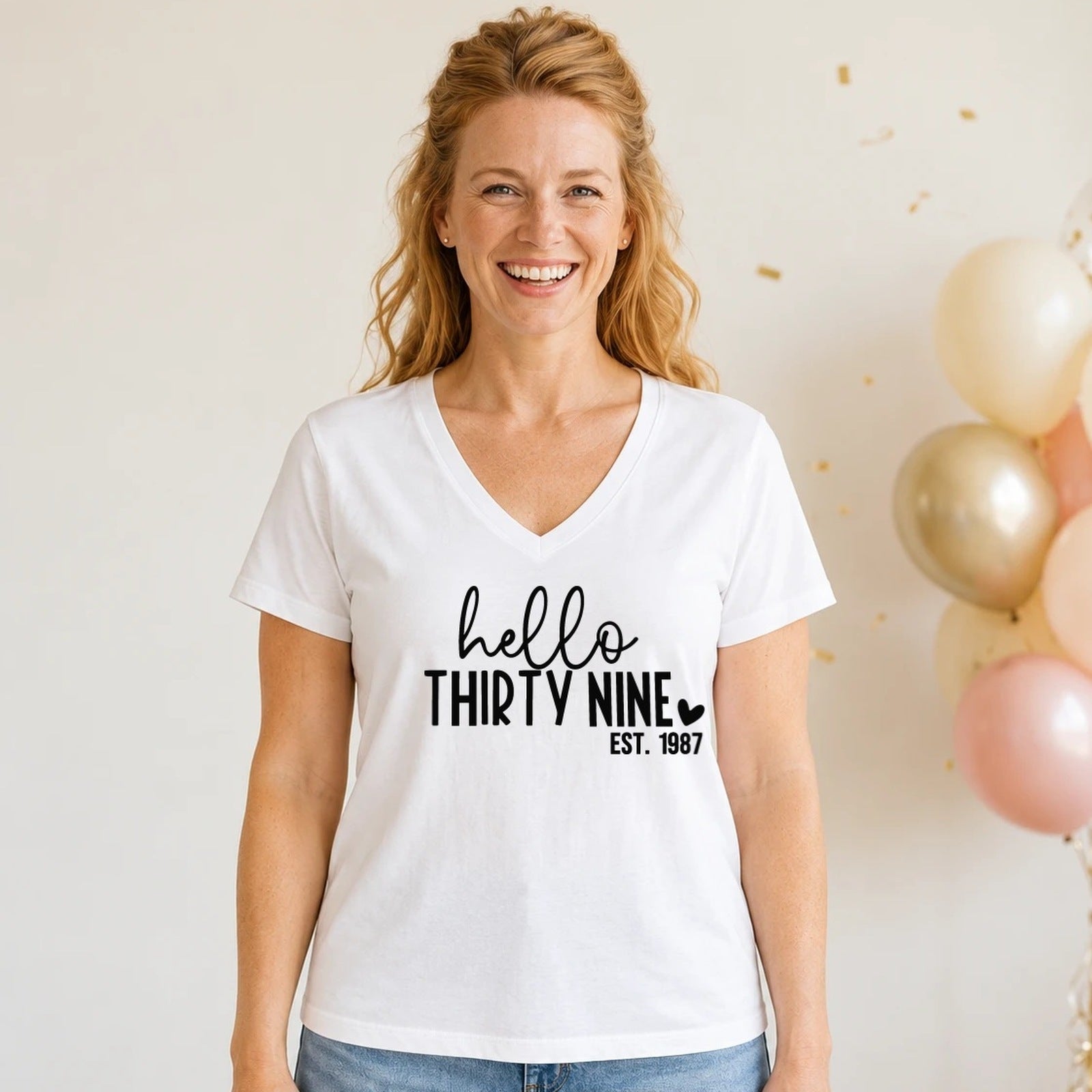 Hello Thirty-Nine 39th Birthday T-Shirt for Women - Est. 1987 - White V-Neck