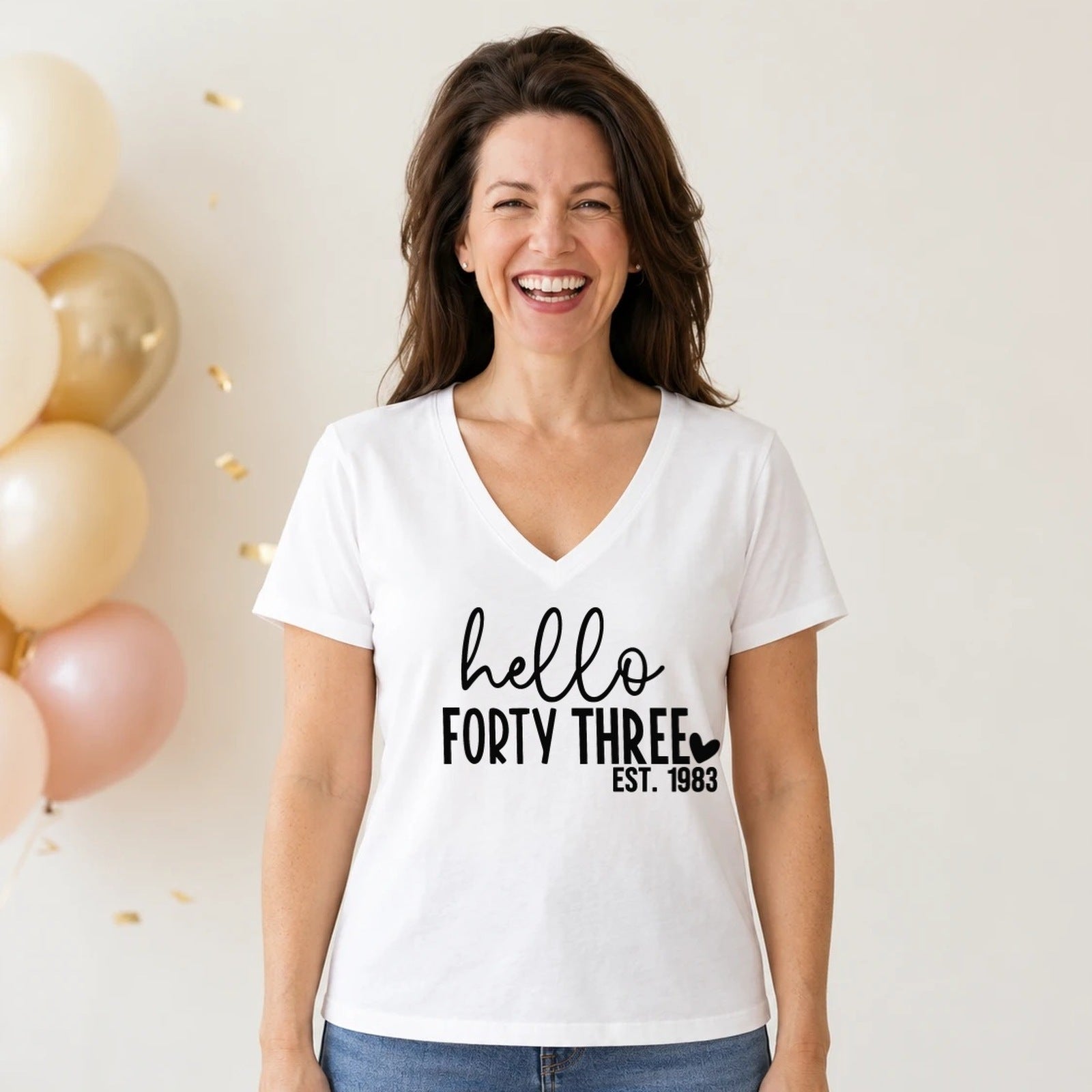 Hello Forty-Three 43rd Birthday T-Shirt for Women - Est. 1983 - White V-Neck
