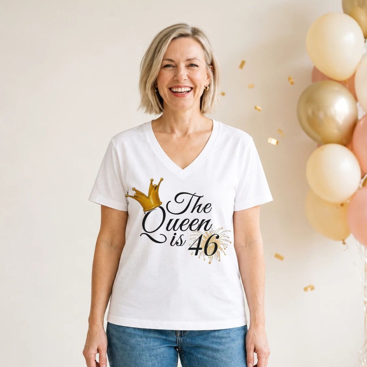 The Queen Is 46 - 46th Birthday Queen T-Shirt for Women - White V-Neck