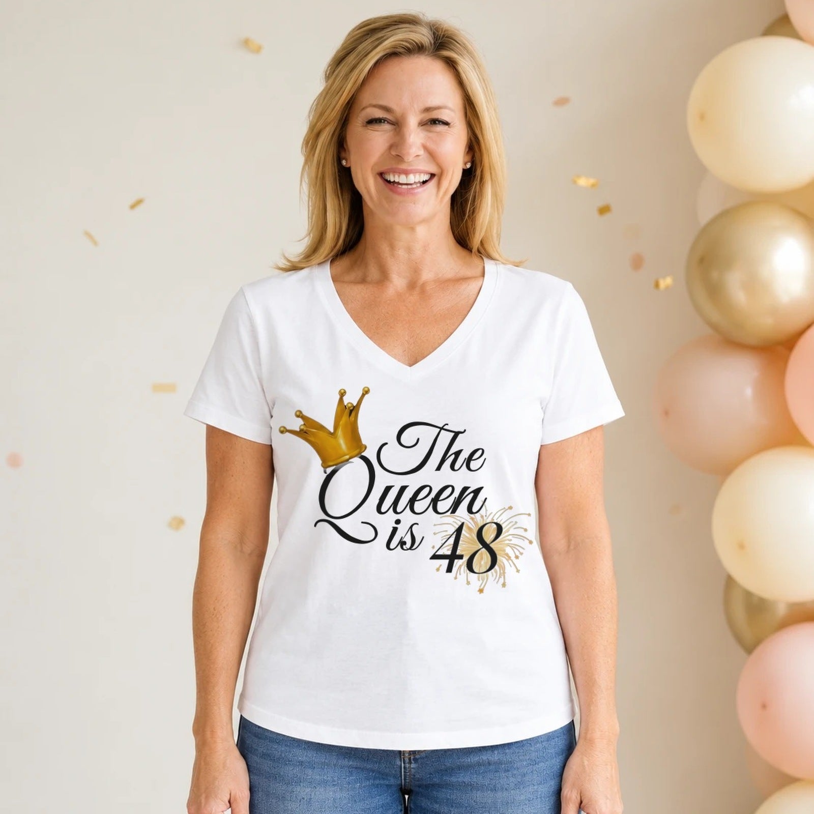 The Queen Is 48 - 48th Birthday Queen T-Shirt for Women - White V-Neck
