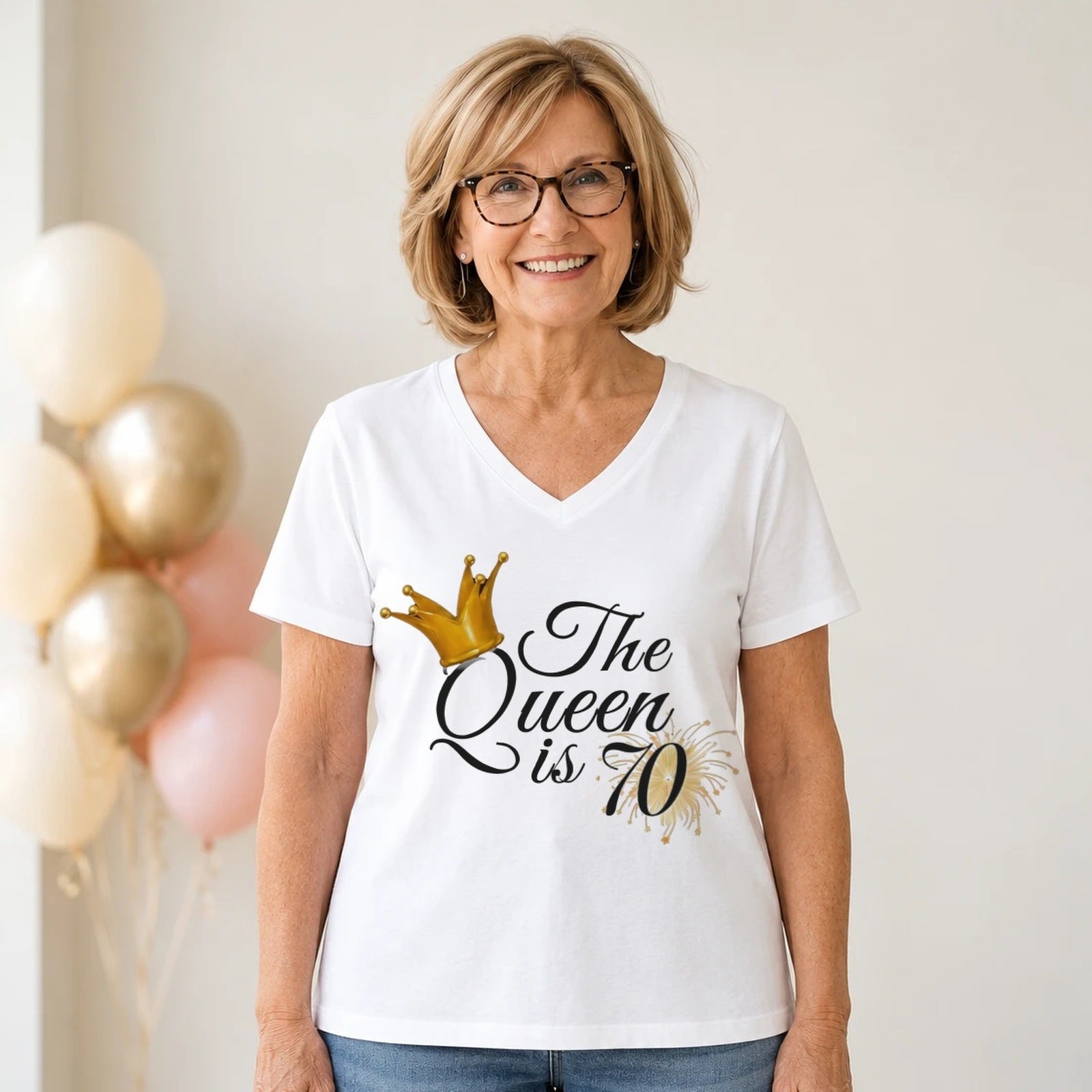 The Queen Is 70 - 70th Birthday Queen T-Shirt for Women - White V-Neck