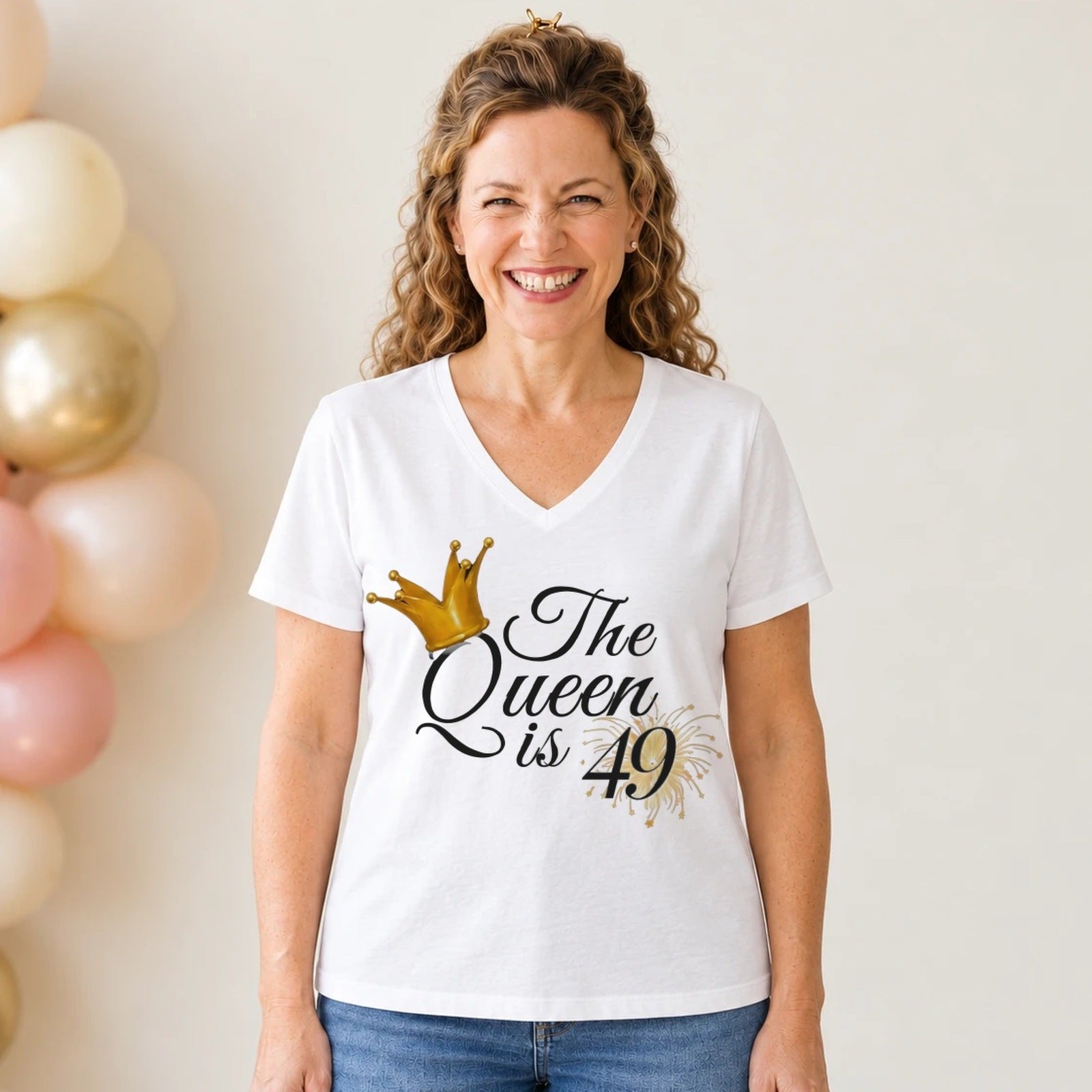 The Queen Is 49 - 49th Birthday Queen T-Shirt for Women - White V-Neck