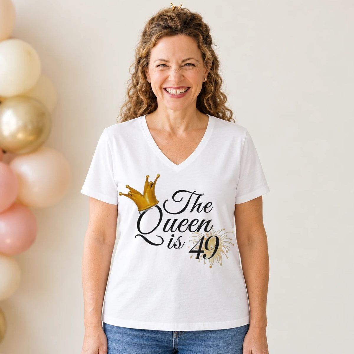The Queen Is 49 - 49th Birthday Queen T-Shirt for Women - White V-Neck