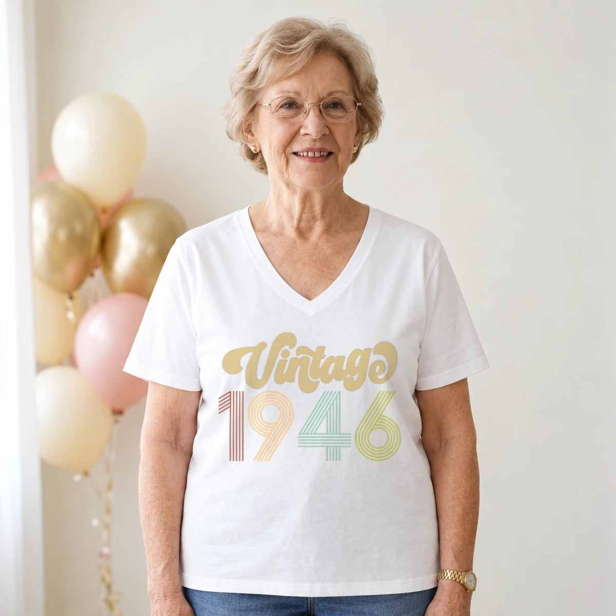 Vintage 1946 - Retro 80th Birthday T-Shirt for Women - White V-Neck