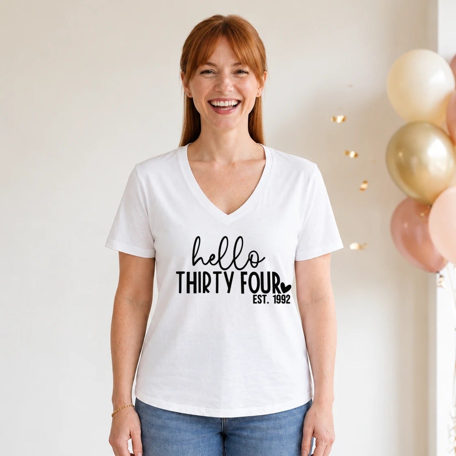Hello Thirty-Four 34th Birthday T-Shirt for Women - Est. 1992 - White V-Neck