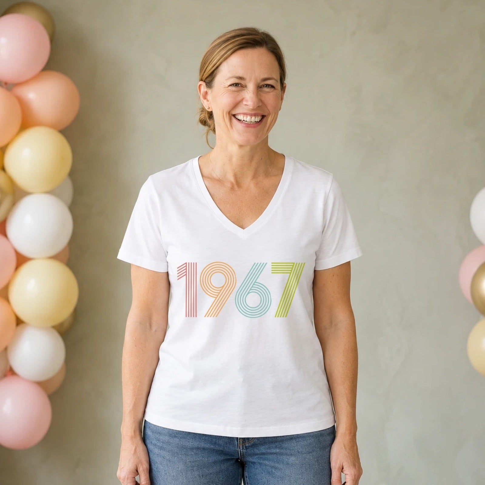 1967 Birth Year Shirt - Retro 59th Birthday T-Shirt for Women - White V-Neck