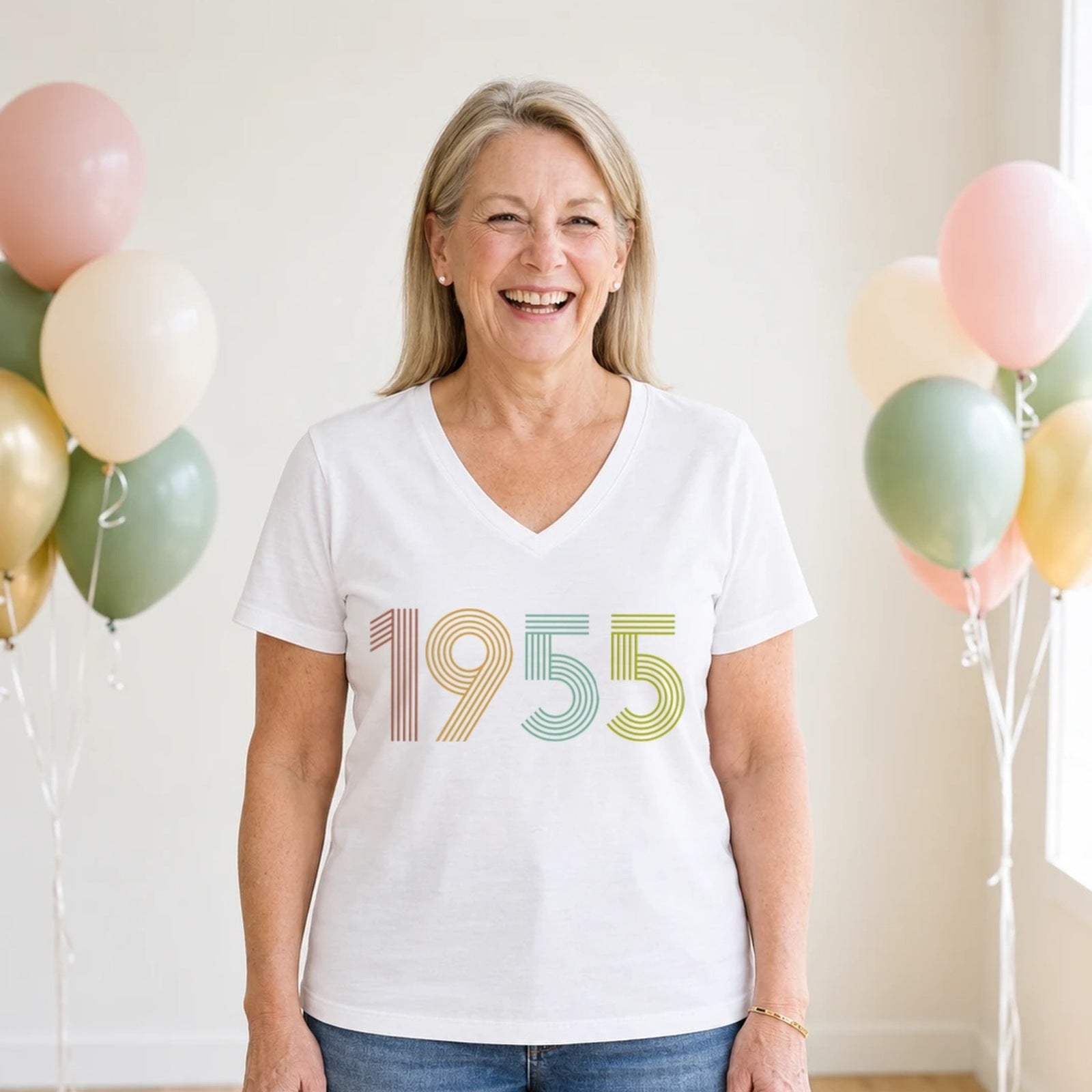 1955 Birth Year Shirt - Retro 71st Birthday T-Shirt for Women - White V-Neck