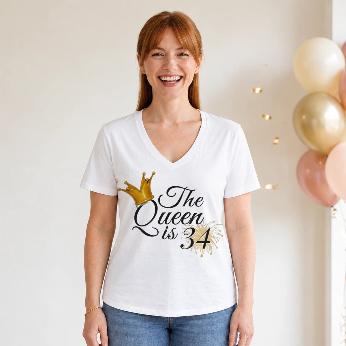 The Queen Is 34 - 34th Birthday Queen T-Shirt for Women - White V-Neck