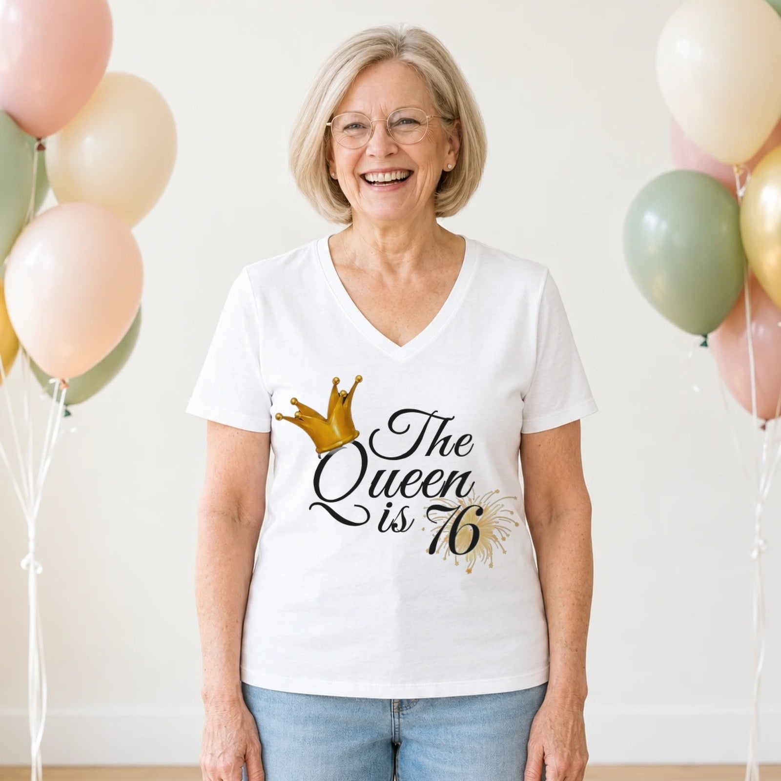 The Queen Is 76 - 76th Birthday Queen T-Shirt for Women - White V-Neck