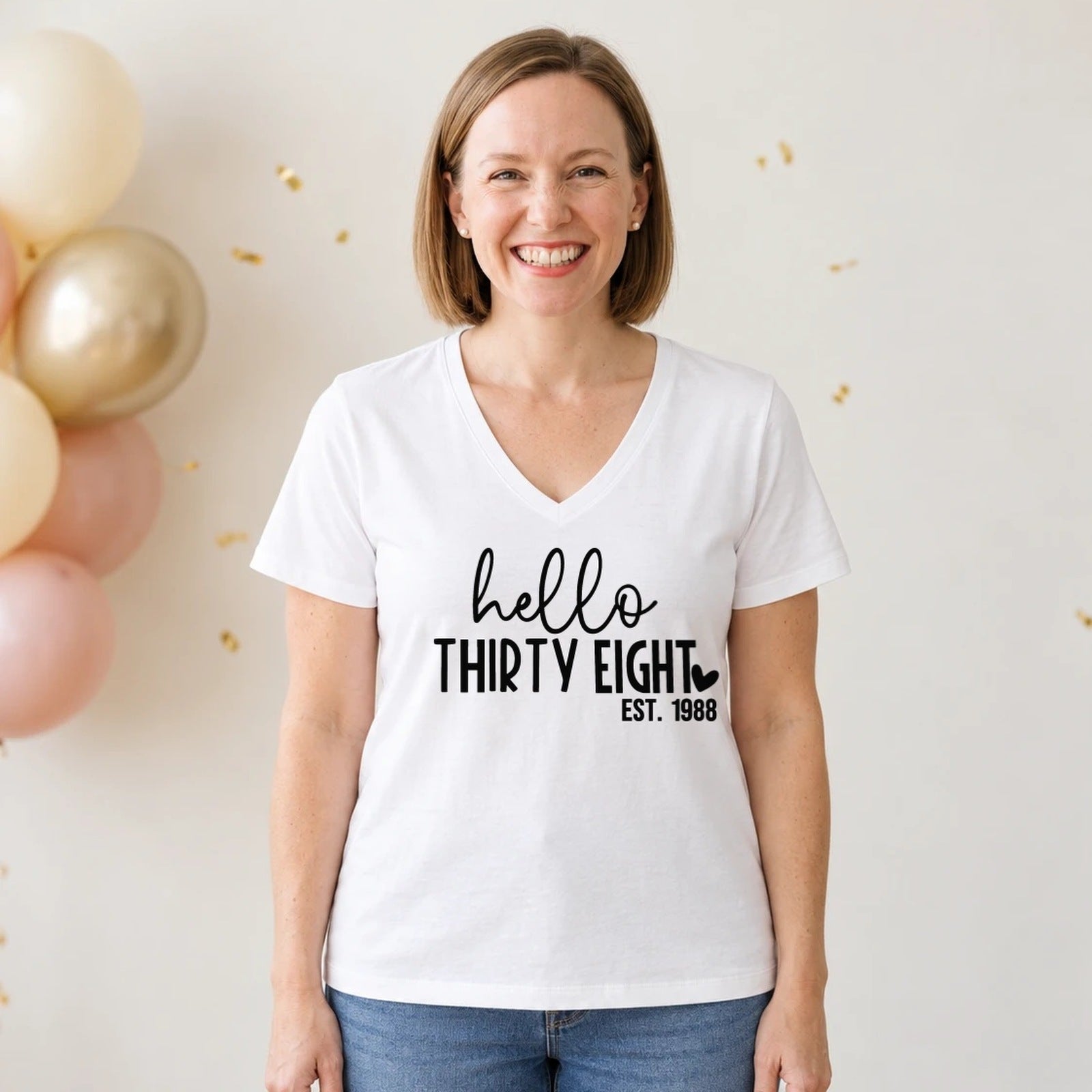 Hello Thirty-Eight 38th Birthday T-Shirt for Women - Est. 1988 - White V-Neck