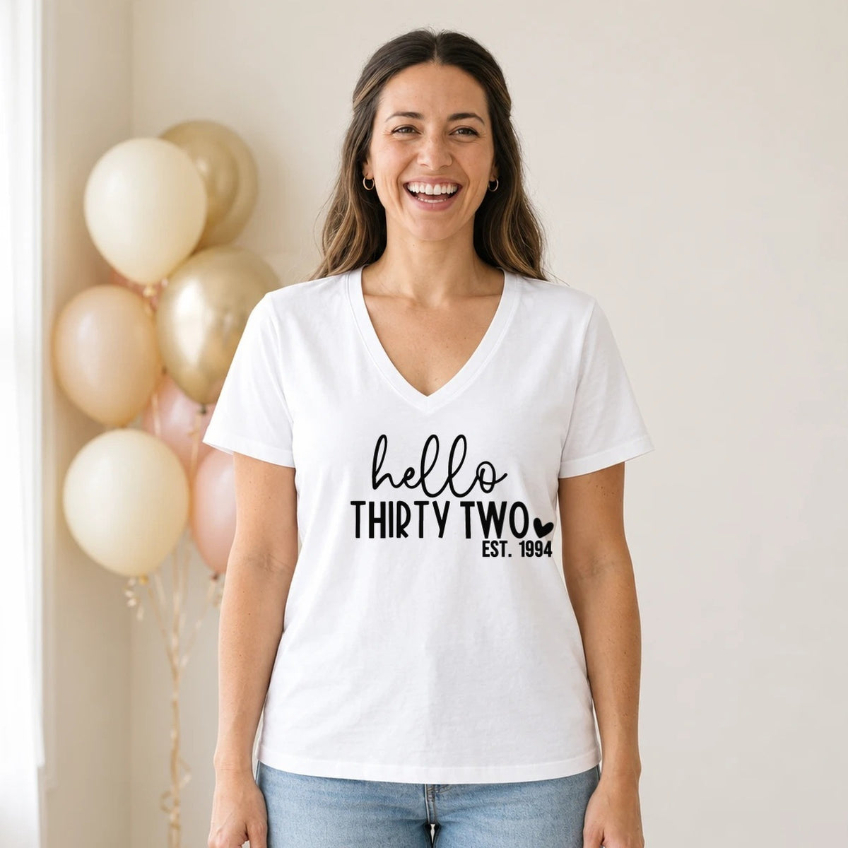 Hello Thirty-Two 32nd Birthday T-Shirt for Women - Est. 1994 - White V-Neck
