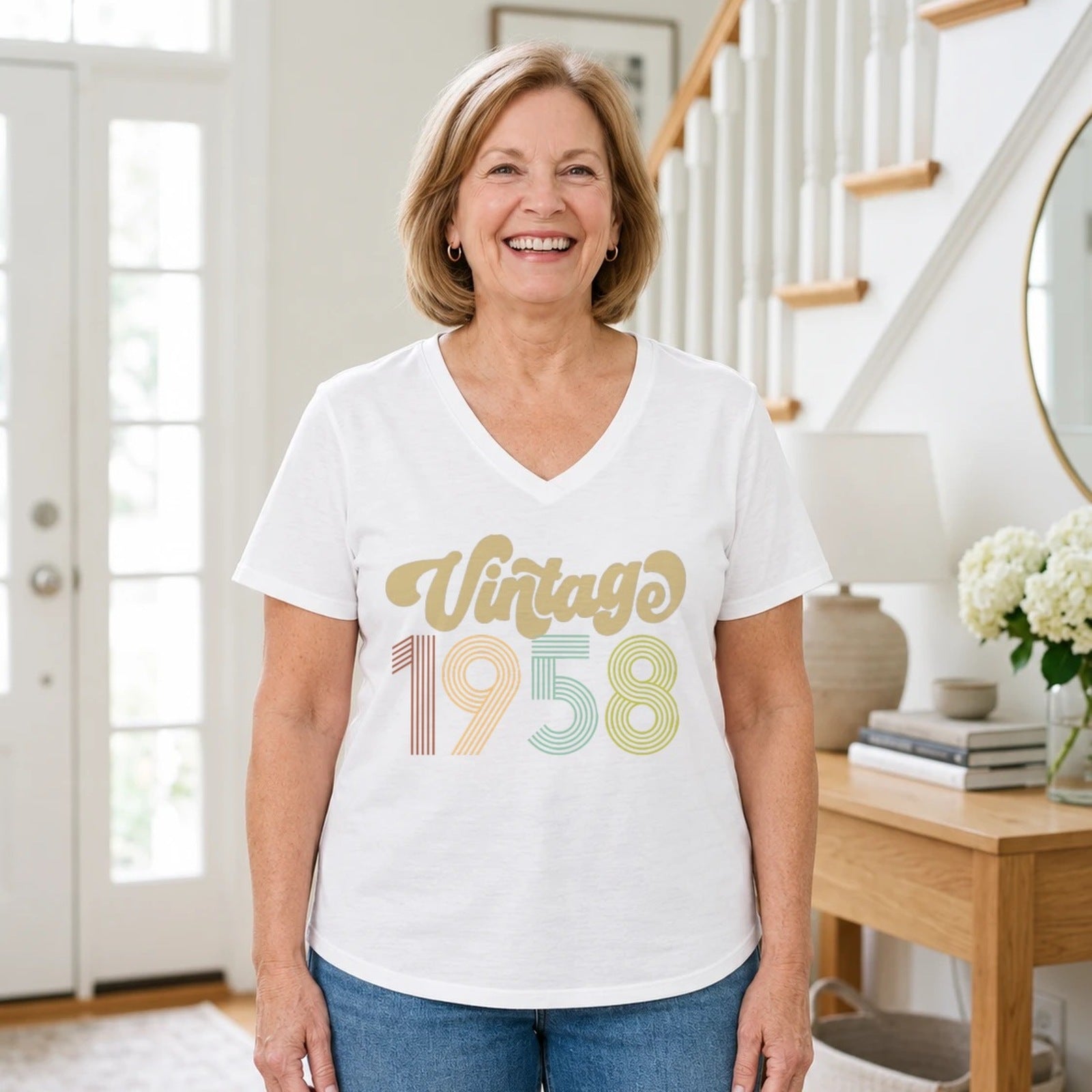 Vintage 1958 - Retro 68th Birthday T-Shirt for Women - White V-Neck