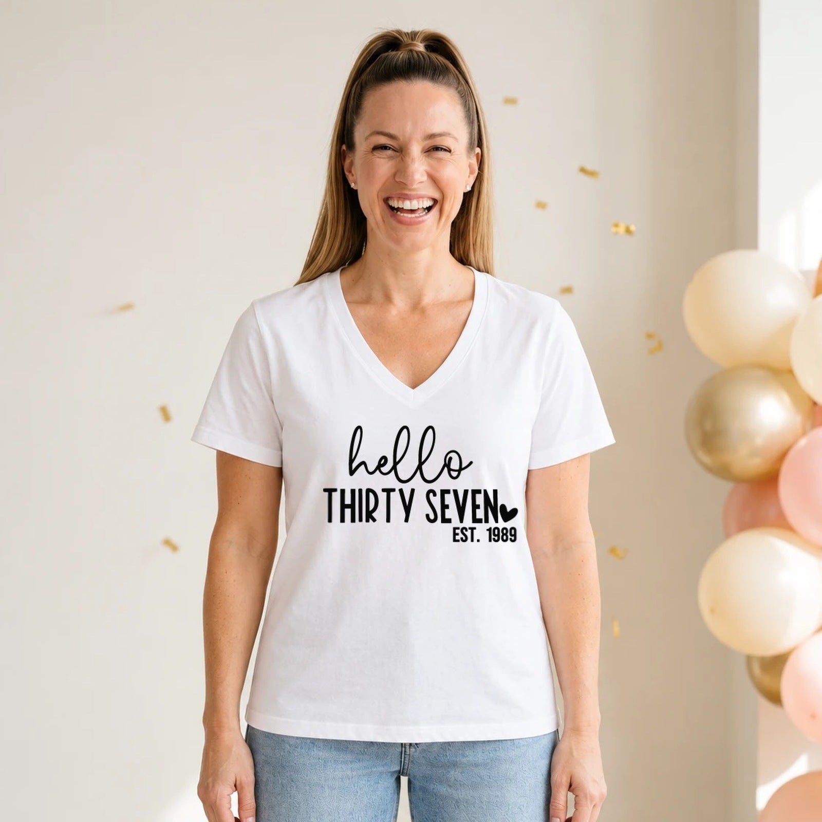 Hello Thirty-Seven 37th Birthday T-Shirt for Women - Est. 1989 - White V-Neck