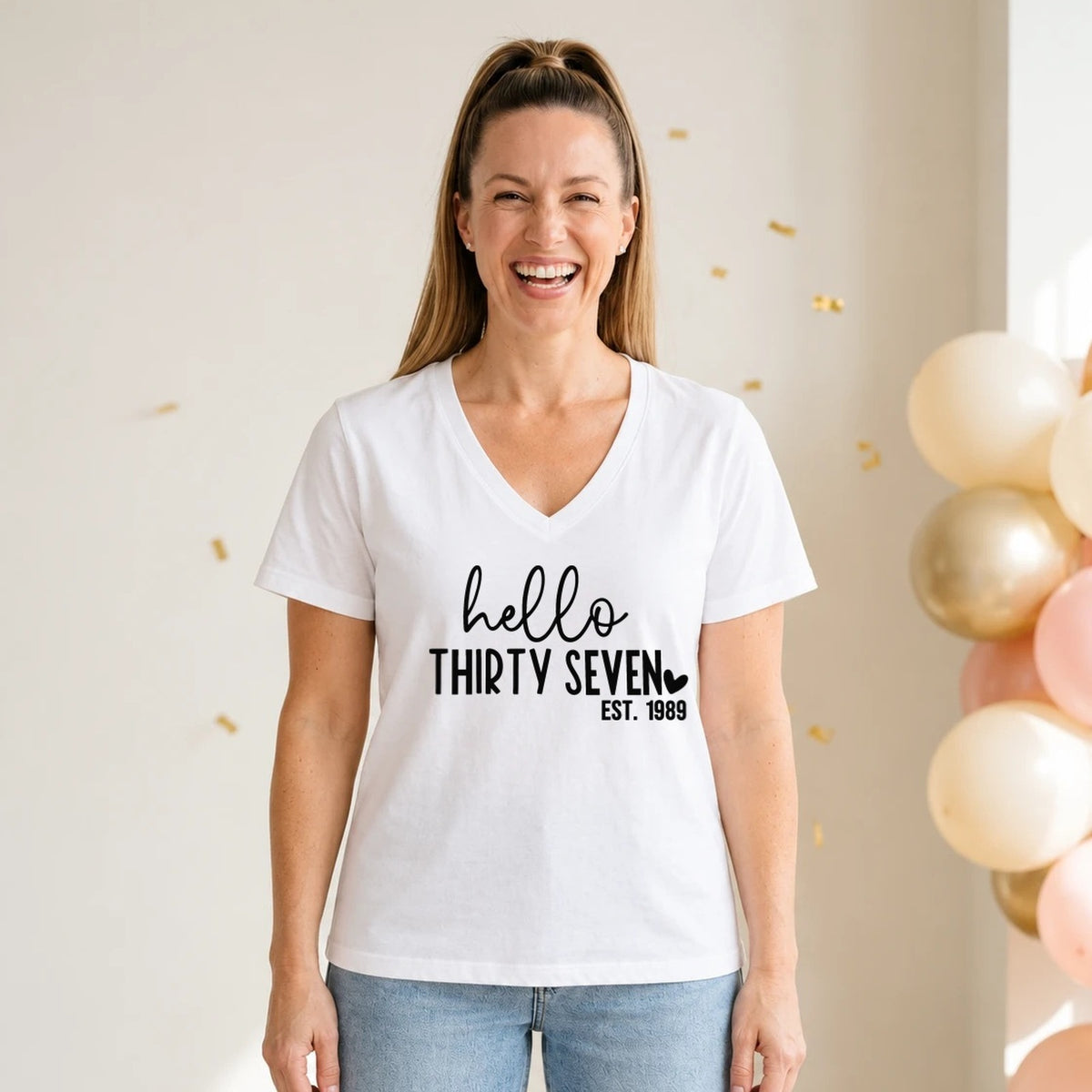 Hello Thirty-Seven 37th Birthday T-Shirt for Women - Est. 1989 - White V-Neck