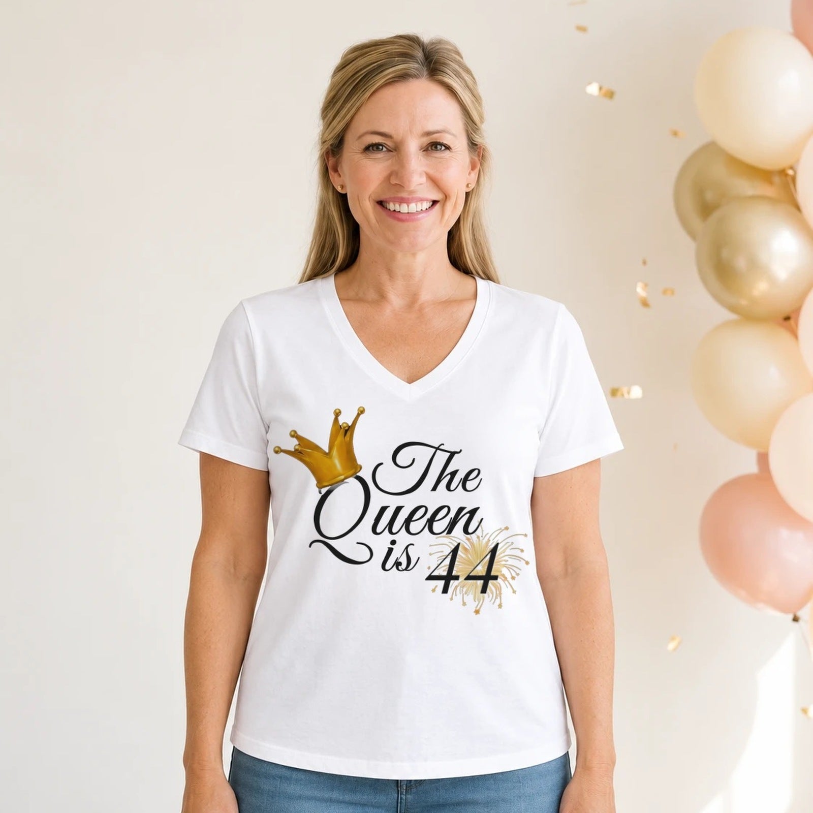 The Queen Is 44 - 44th Birthday Queen T-Shirt for Women - White V-Neck
