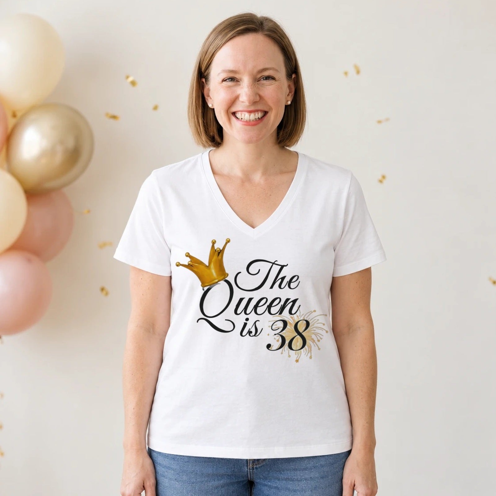 The Queen Is 38 - 38th Birthday Queen T-Shirt for Women - White V-Neck