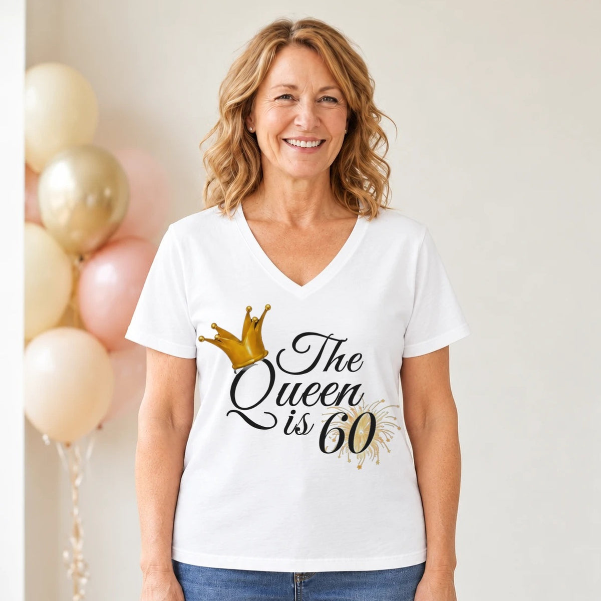 The Queen Is 60 - 60th Birthday Queen T-Shirt for Women - White V-Neck