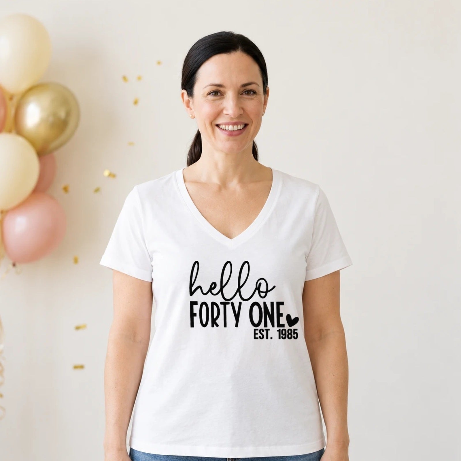 Hello Forty-One 41st Birthday T-Shirt for Women - Est. 1985 - White V-Neck