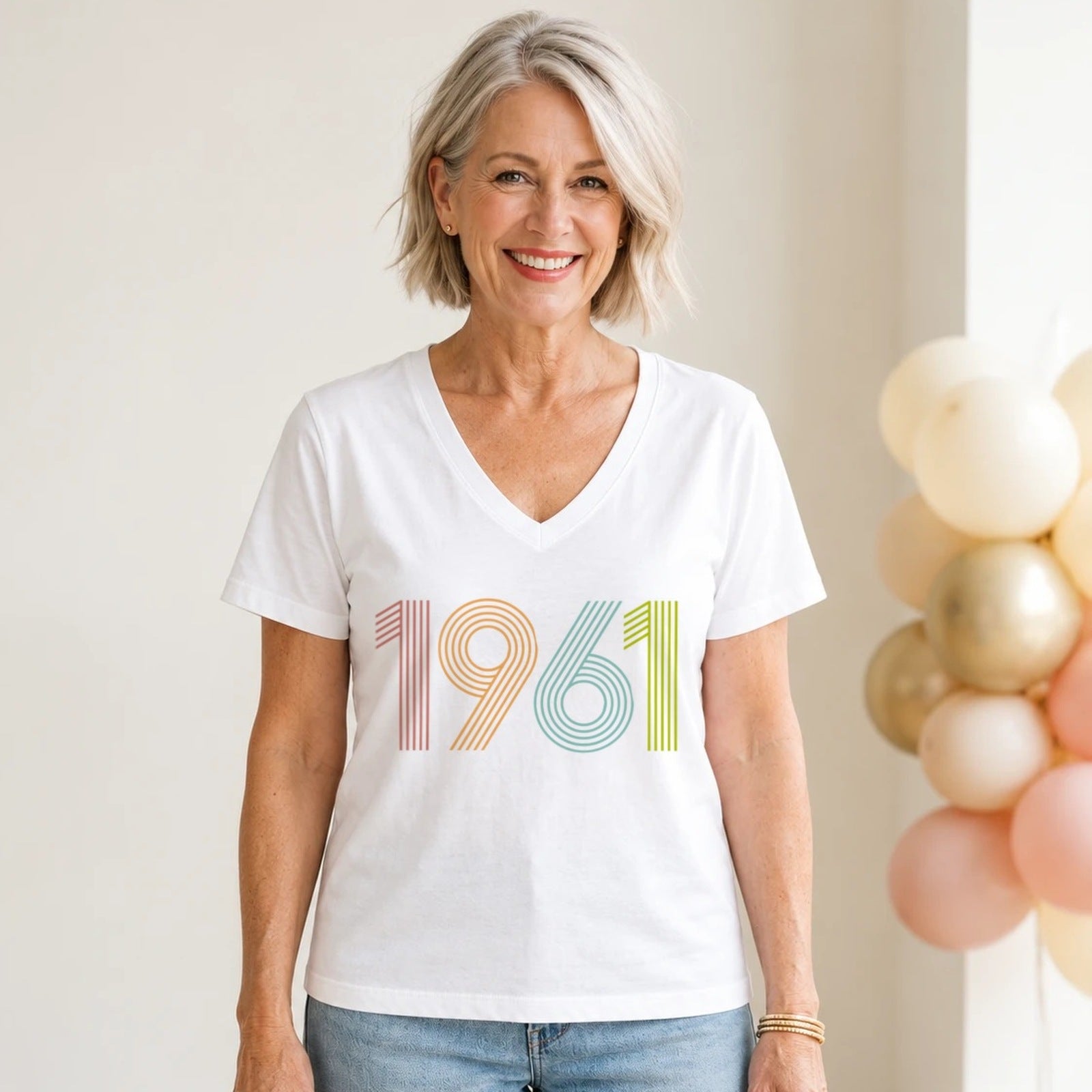 1961 Birth Year Shirt - Retro 65th Birthday T-Shirt for Women - White V-Neck