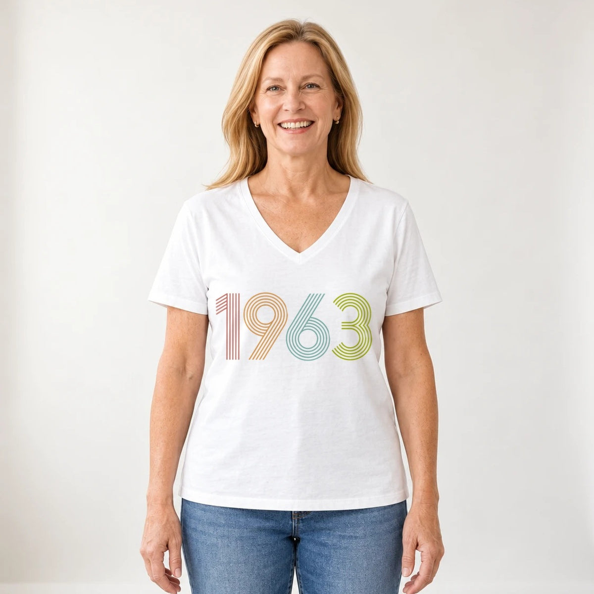 1963 Birth Year Shirt - Retro 63rd Birthday T-Shirt for Women - White V-Neck