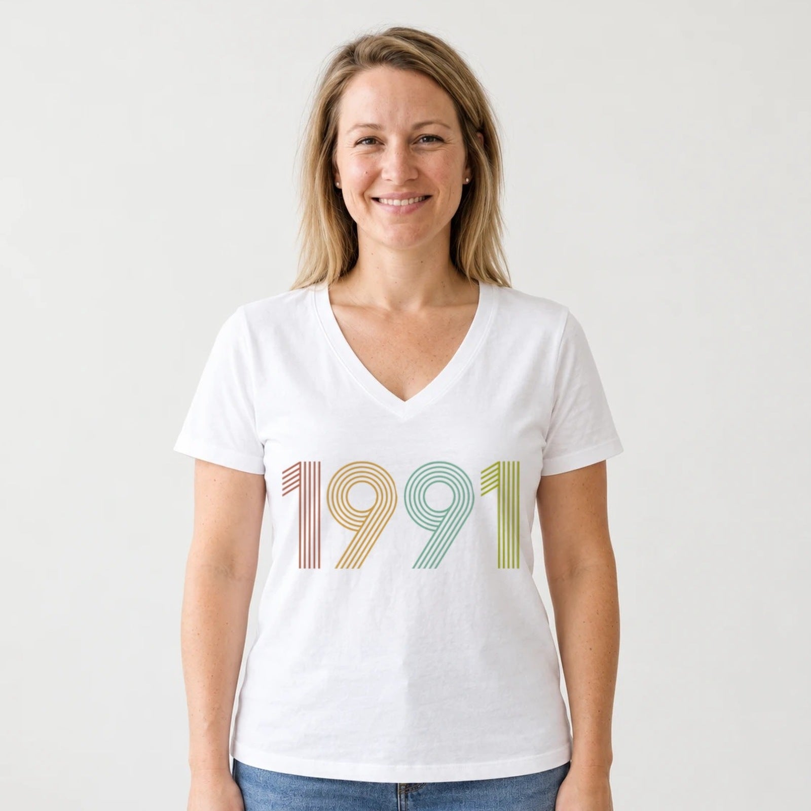 1991 Birth Year Shirt - Retro 35th Birthday T-Shirt for Women - White V-Neck