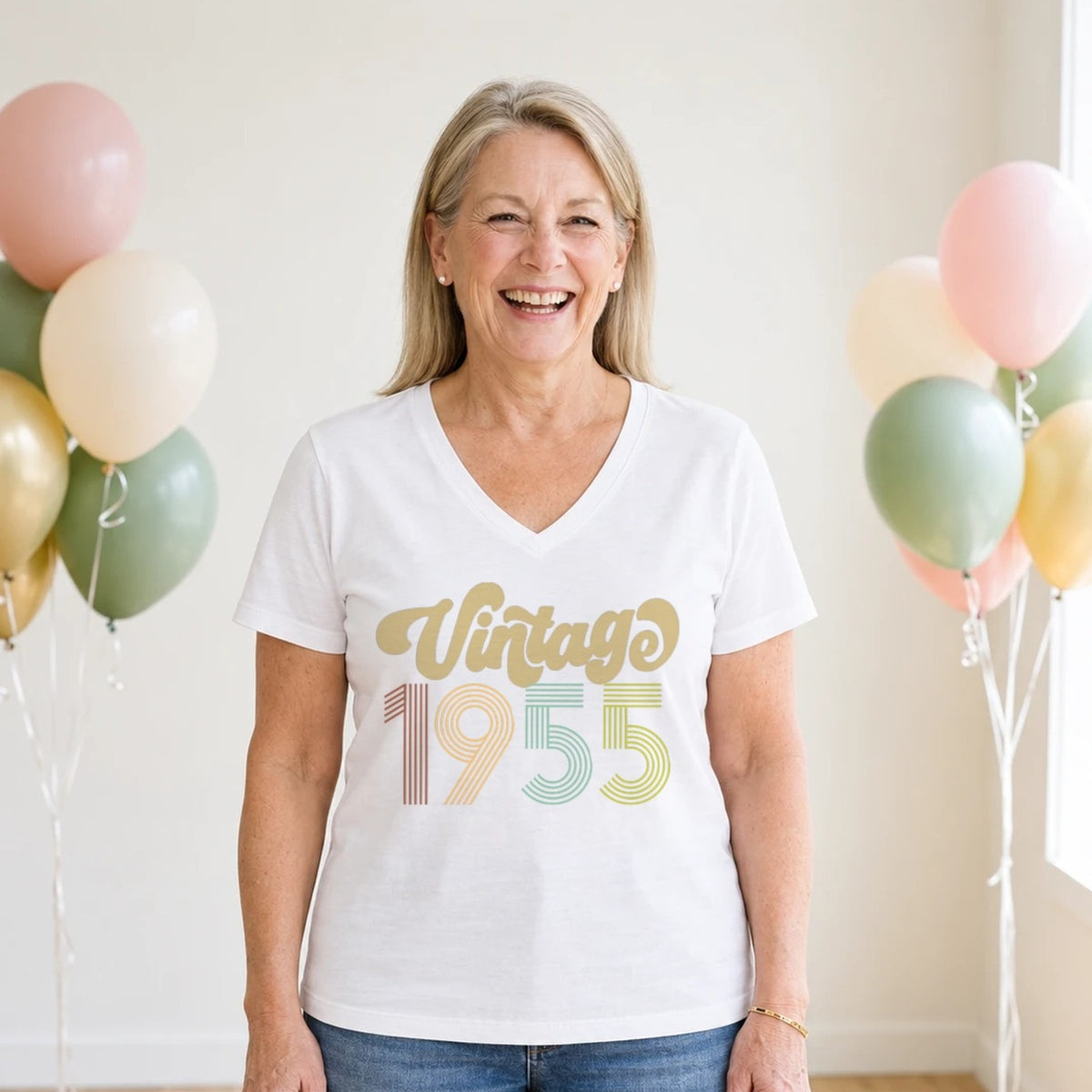 Vintage 1955 - Retro 71st Birthday T-Shirt for Women - White V-Neck