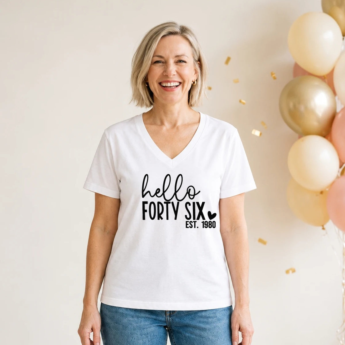 Hello Forty-Six 46th Birthday T-Shirt for Women - Est. 1980 - White V-Neck