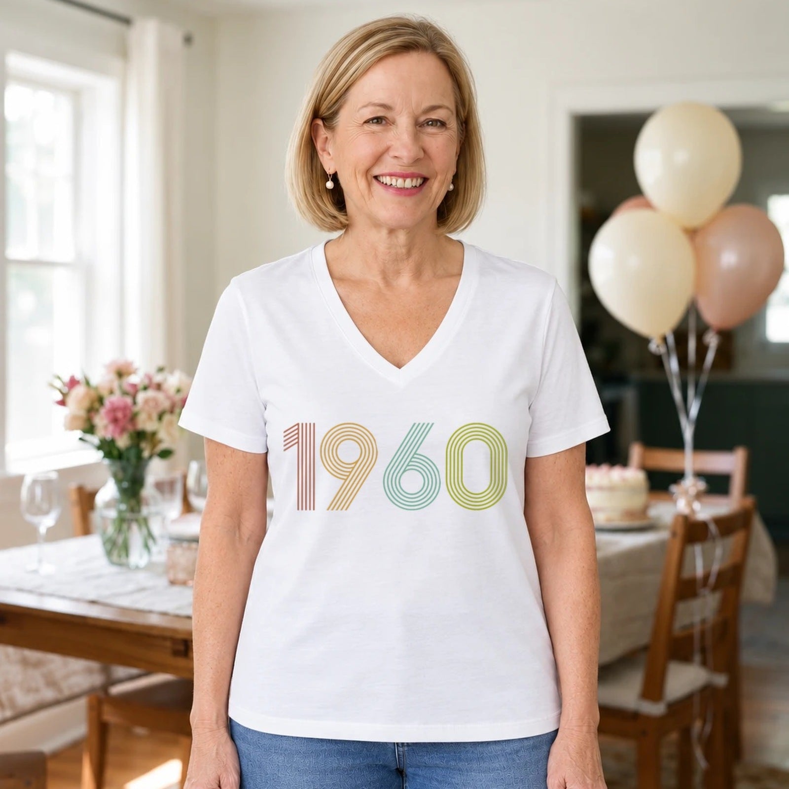 1960 Birth Year Shirt - Retro 66th Birthday T-Shirt for Women - White V-Neck