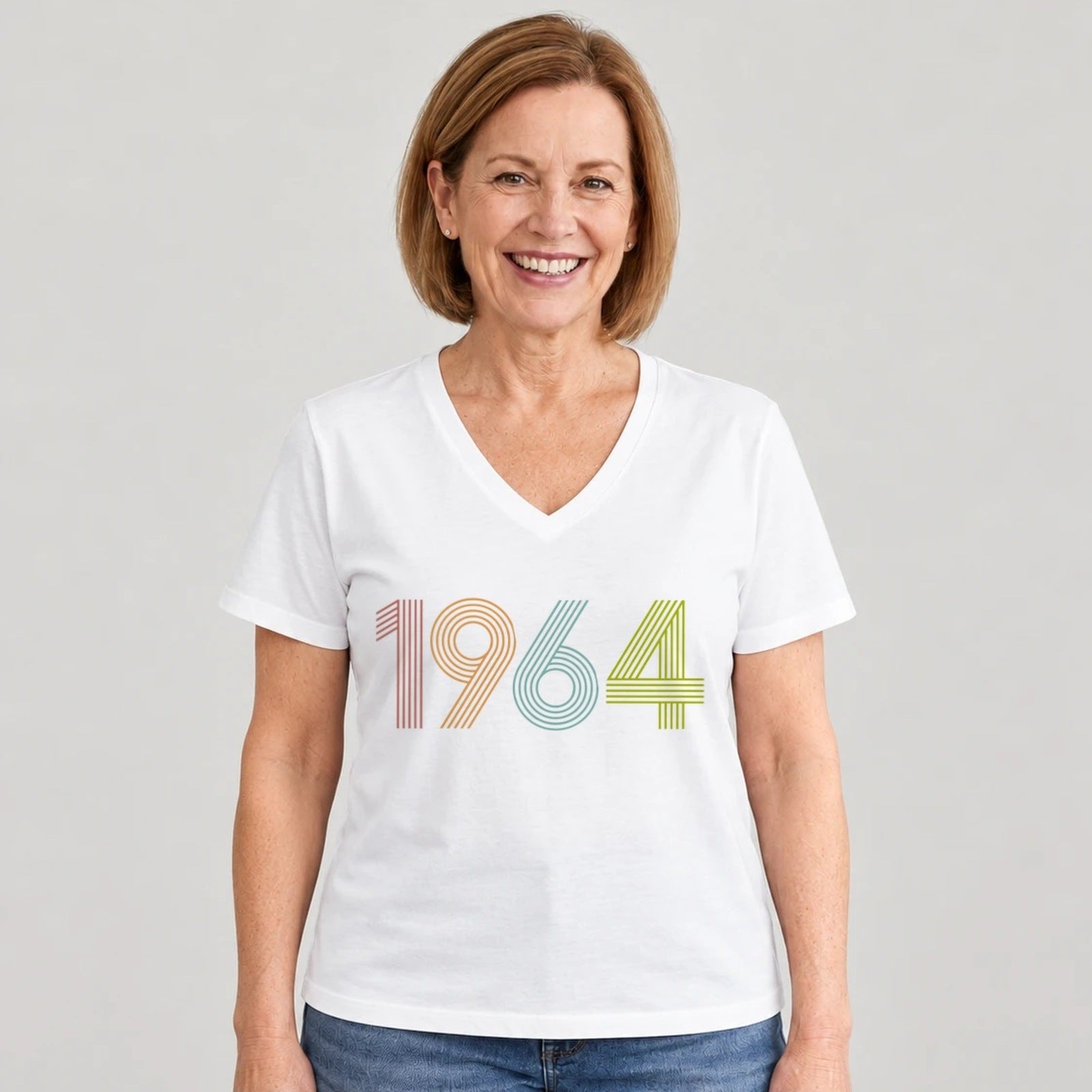 1964 Birth Year Shirt - Retro 62nd Birthday T-Shirt for Women - White V-Neck
