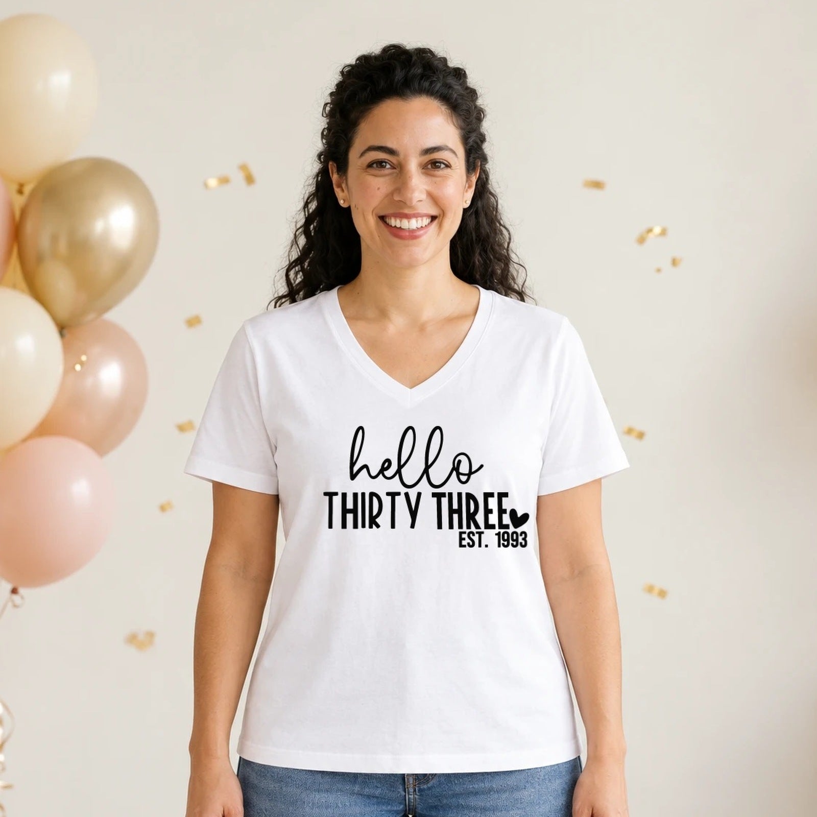 Hello Thirty-Three 33rd Birthday T-Shirt for Women - Est. 1993 - White V-Neck