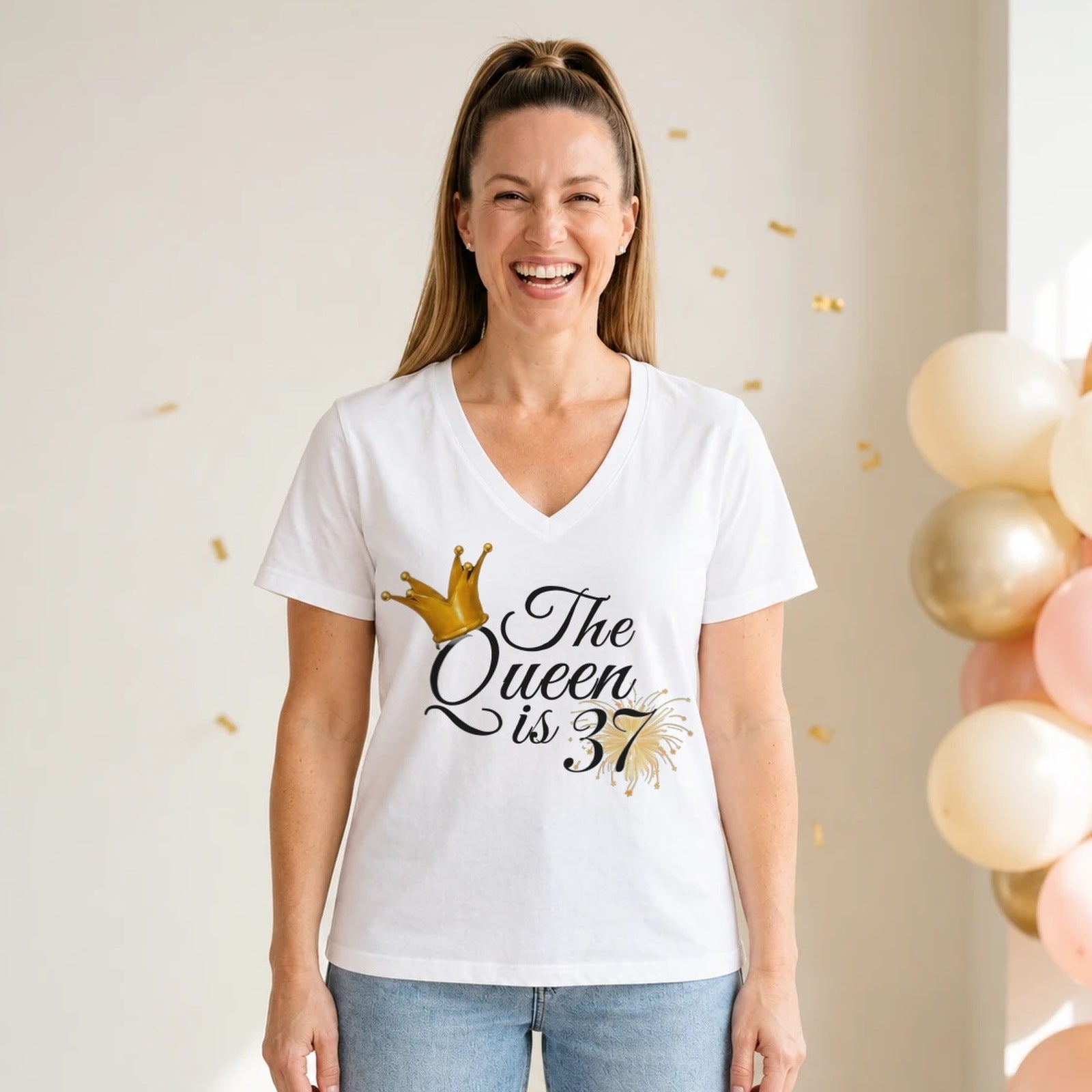 The Queen Is 37 - 37th Birthday Queen T-Shirt for Women - White V-Neck