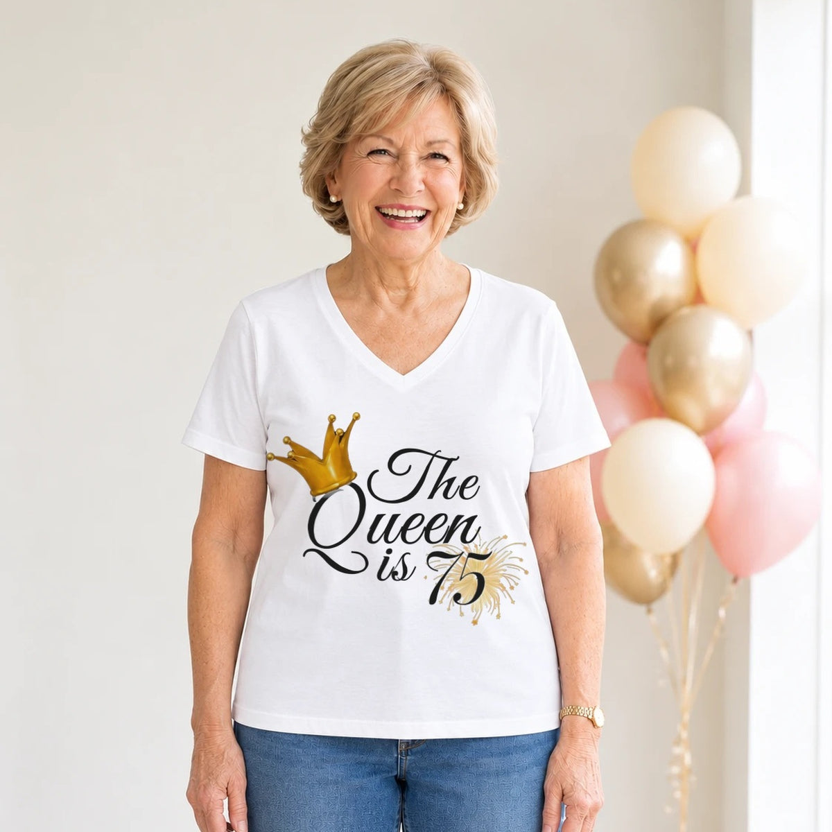 The Queen Is 75 - 75th Birthday Queen T-Shirt for Women - White V-Neck