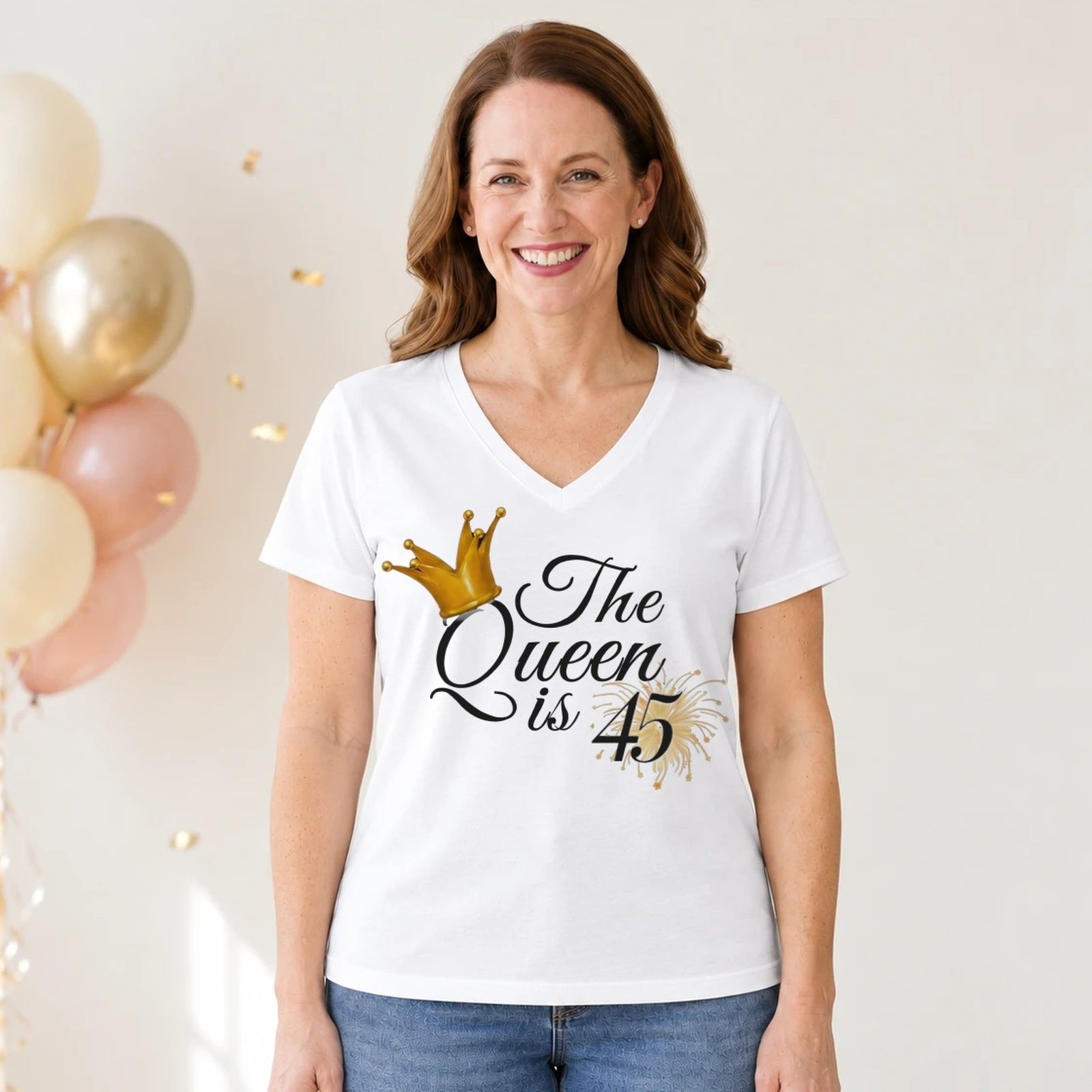 The Queen Is 45 - 45th Birthday Queen T-Shirt for Women - White V-Neck