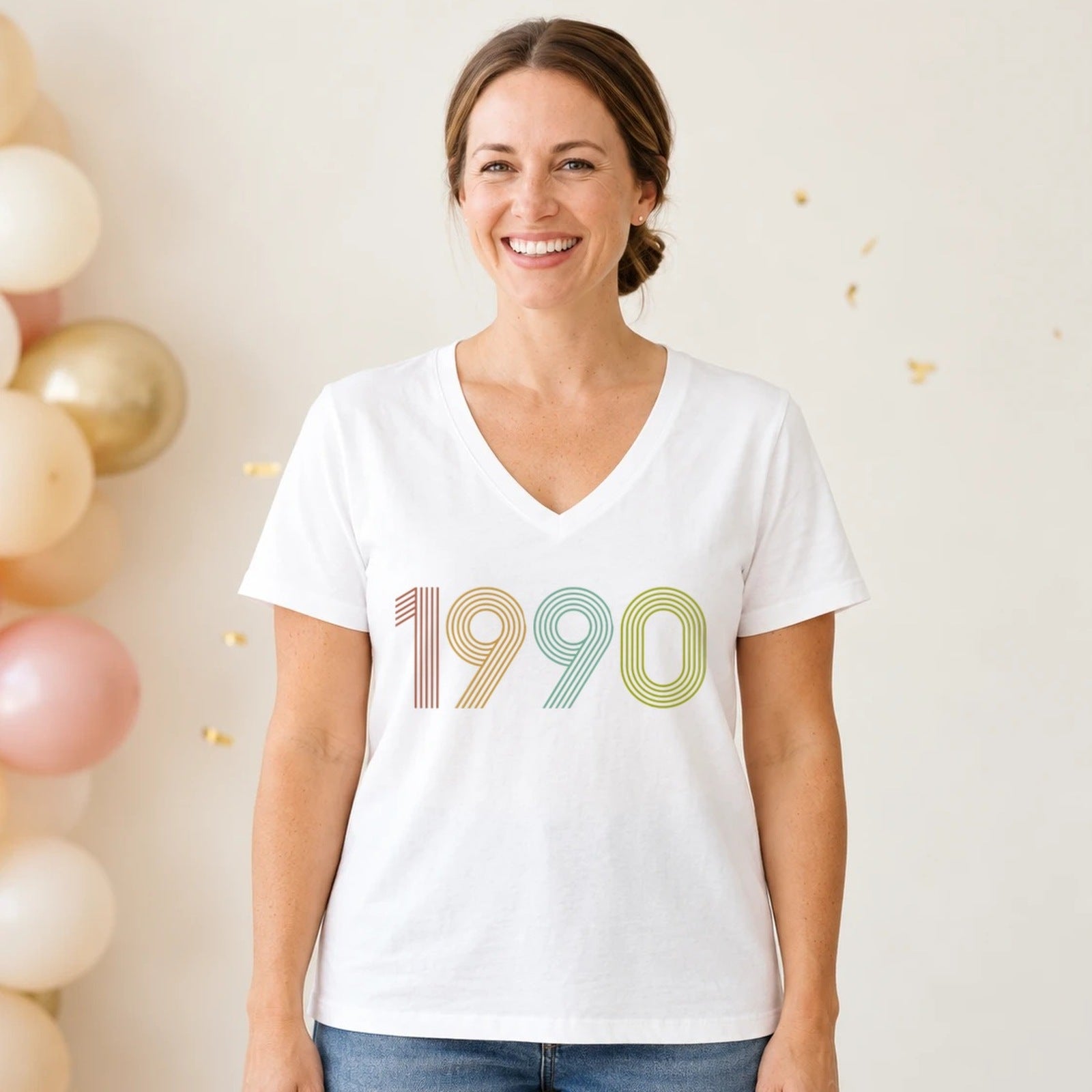 1990 Birth Year Shirt - Retro 36th Birthday T-Shirt for Women - White V-Neck