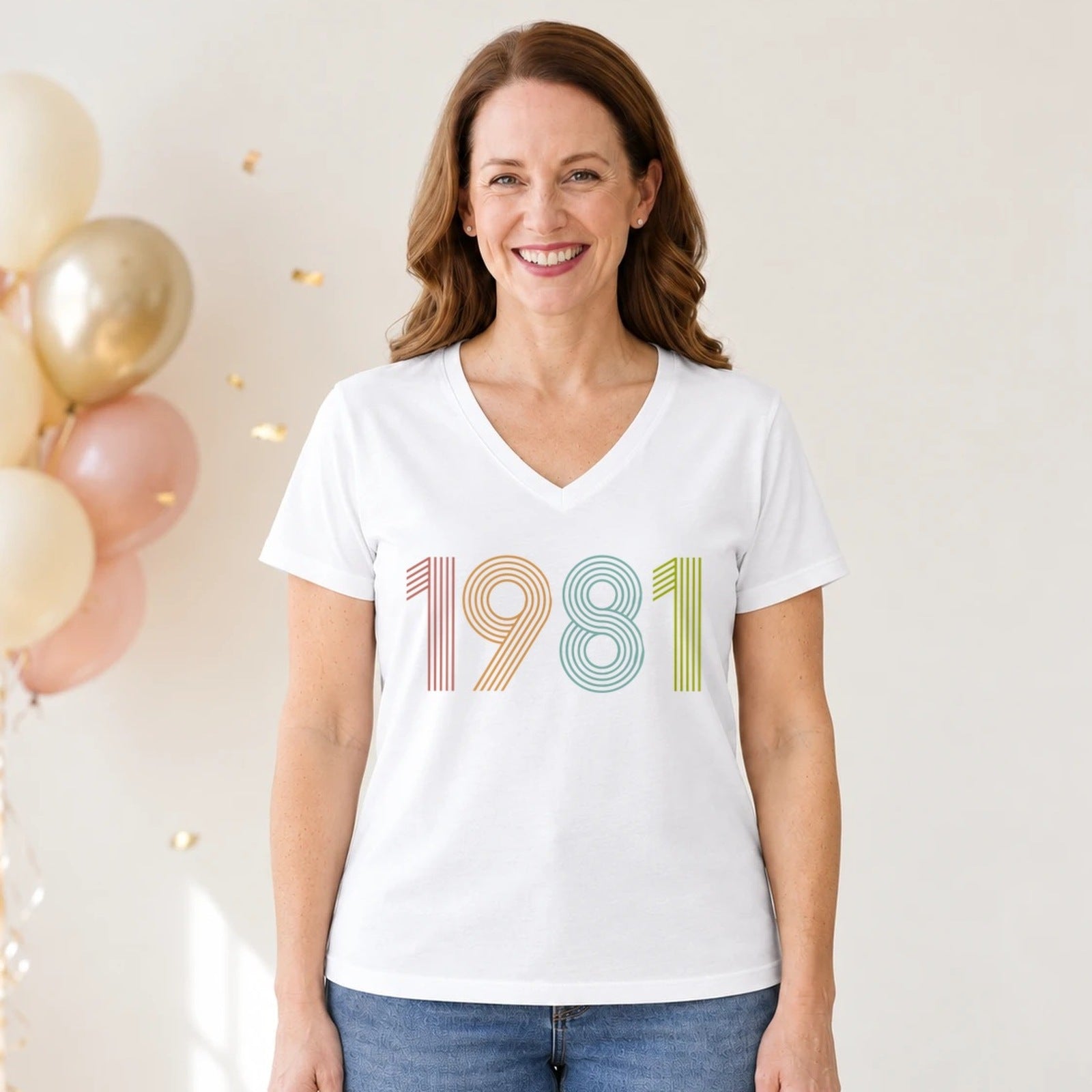 1981 Birth Year Shirt - Retro 45th Birthday T-Shirt for Women - White V-Neck