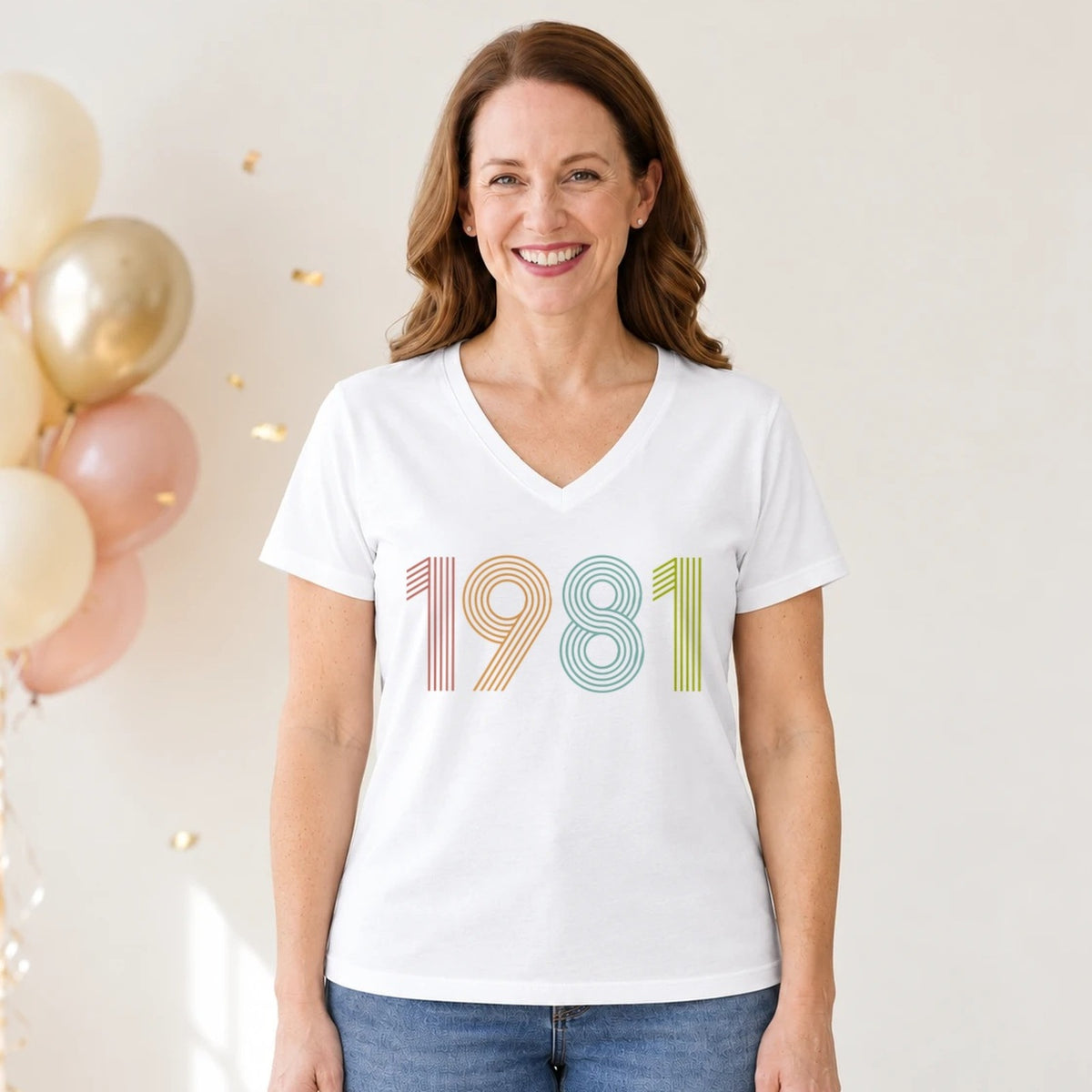 1981 Birth Year Shirt - Retro 45th Birthday T-Shirt for Women - White V-Neck