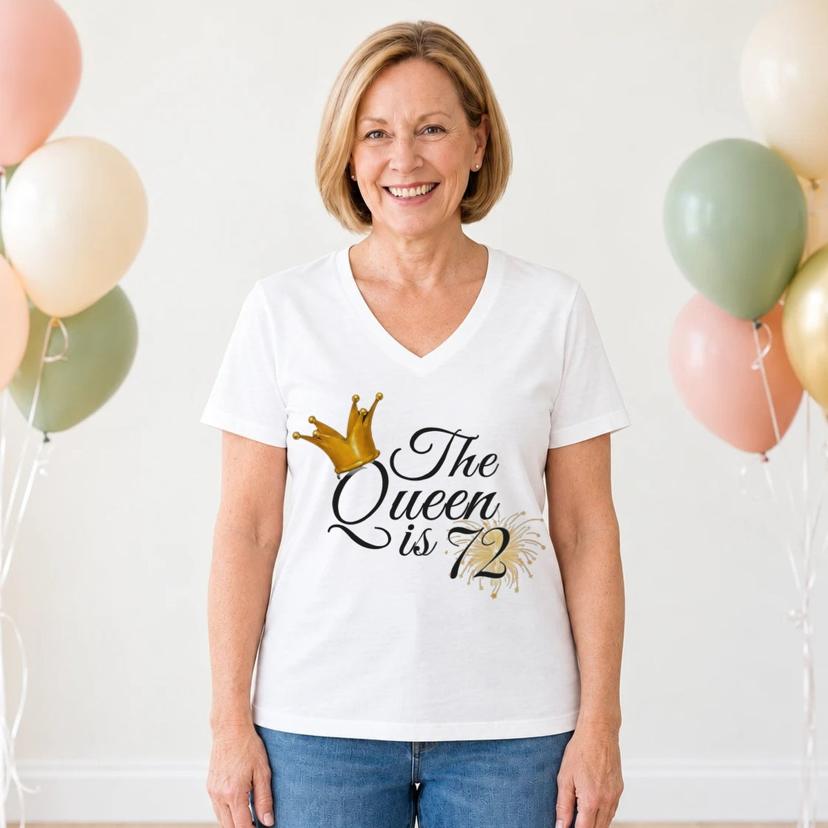 The Queen Is 72 - 72nd Birthday Queen T-Shirt for Women - White V-Neck