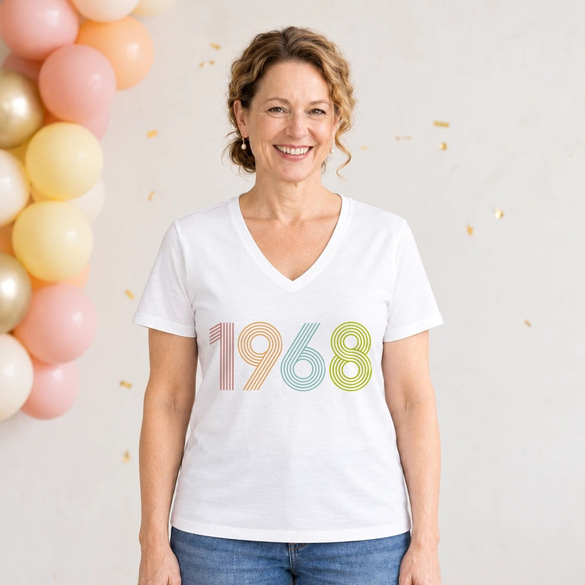 1968 Birth Year Shirt - Retro 58th Birthday T-Shirt for Women - White V-Neck