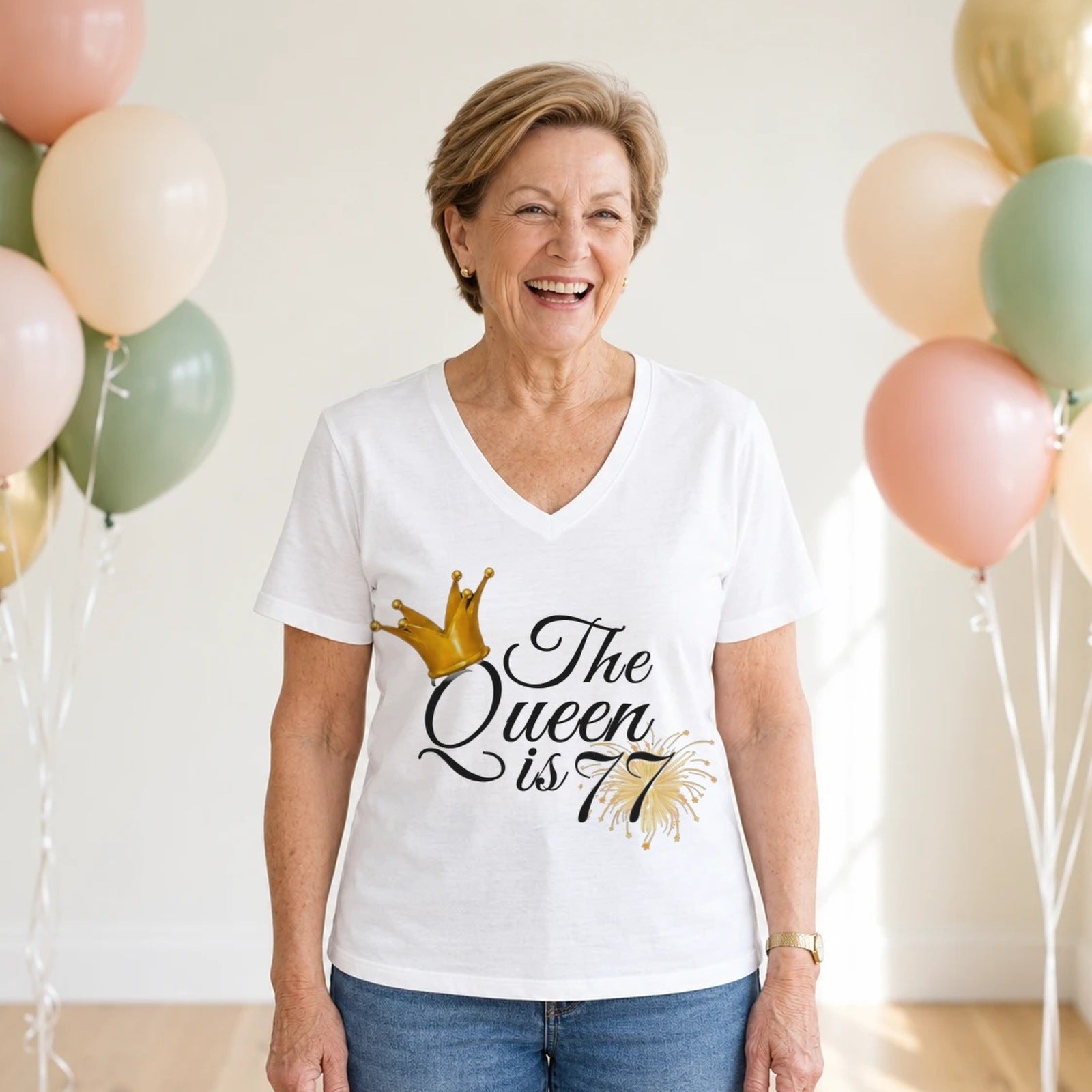The Queen Is 77 - 77th Birthday Queen T-Shirt for Women - White V-Neck