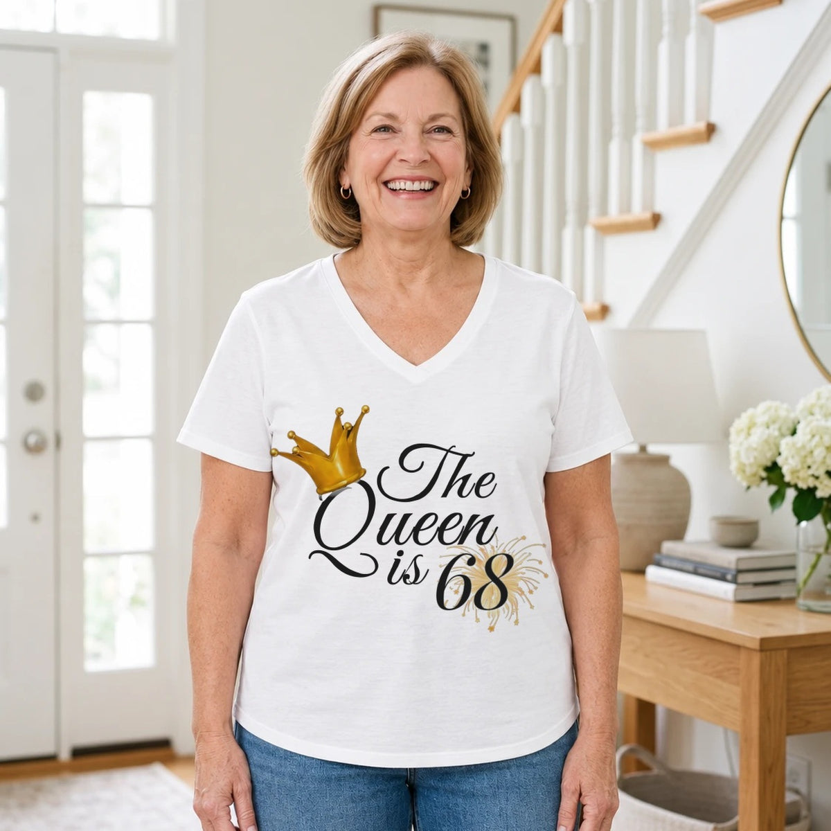 The Queen Is 68 - 68th Birthday Queen T-Shirt for Women - White V-Neck