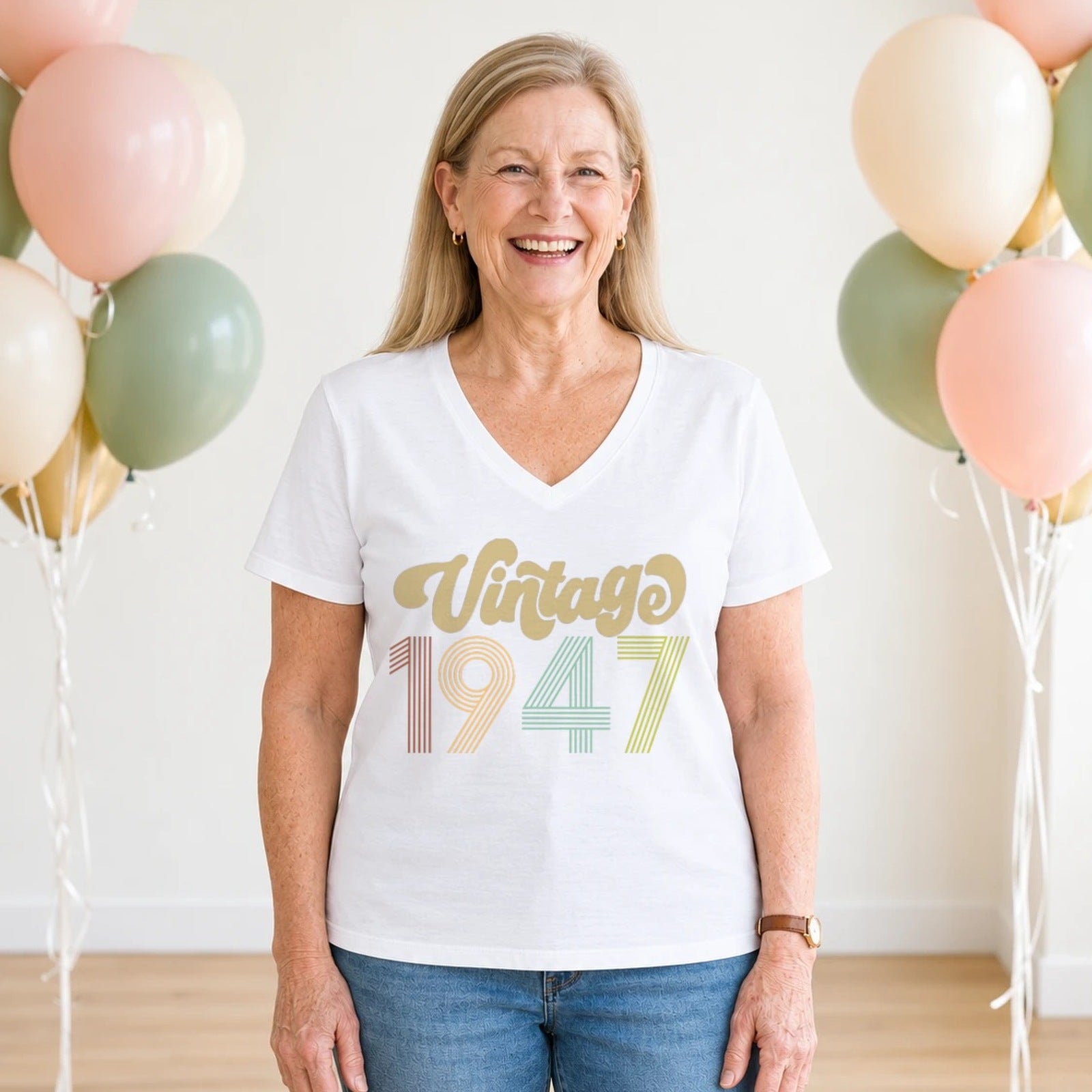 Vintage 1947 - Retro 79th Birthday T-Shirt for Women - White V-Neck