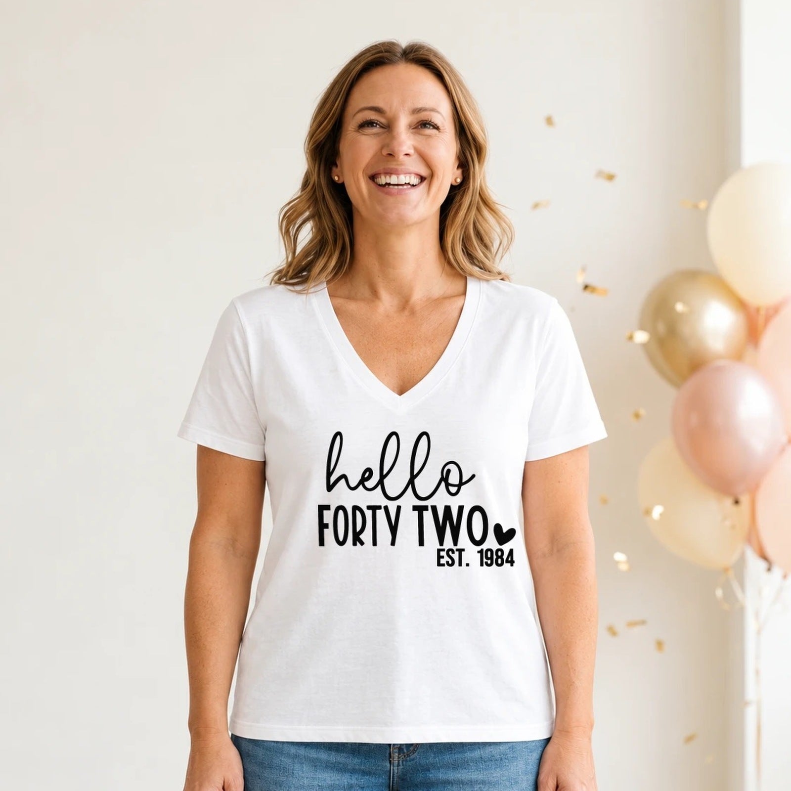 Hello Forty-Two 42nd Birthday T-Shirt for Women - Est. 1984 - White V-Neck