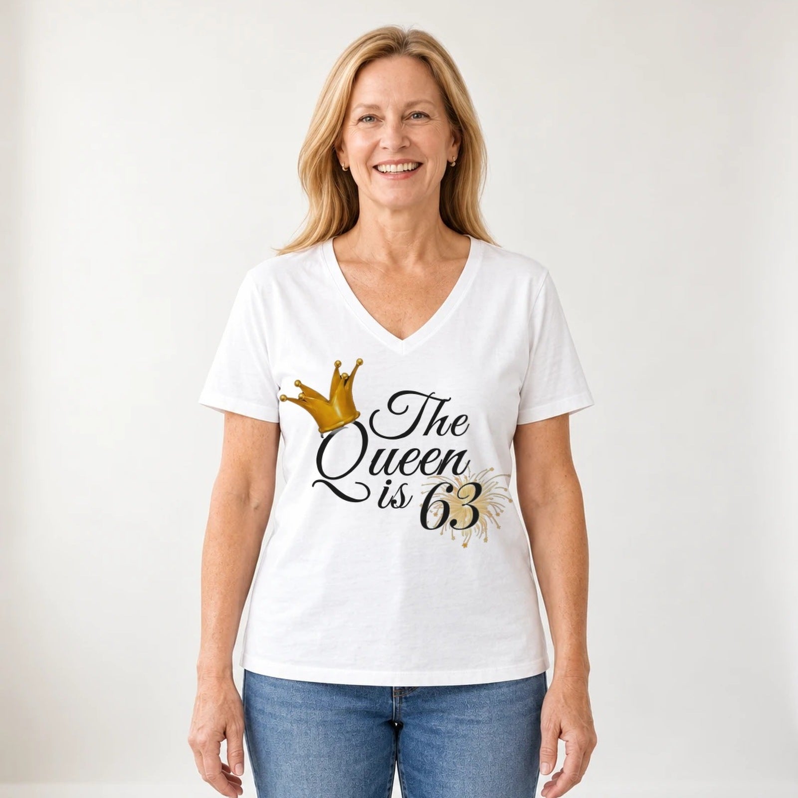 The Queen Is 63 - 63rd Birthday Queen T-Shirt for Women - White V-Neck