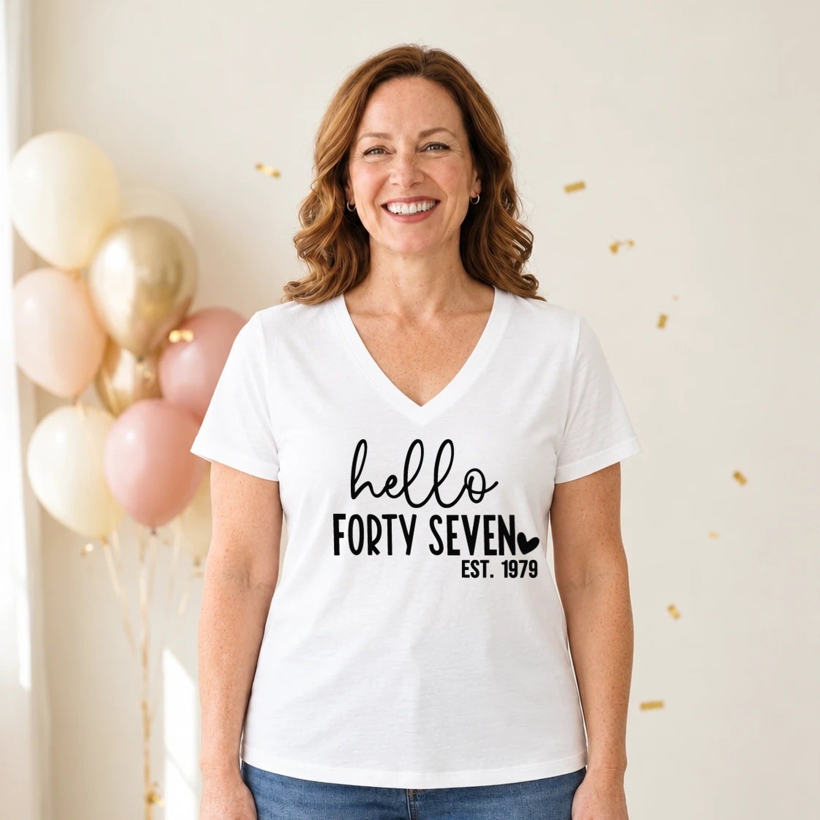 Hello Forty-Seven 47th Birthday T-Shirt for Women - Est. 1979 - White V-Neck