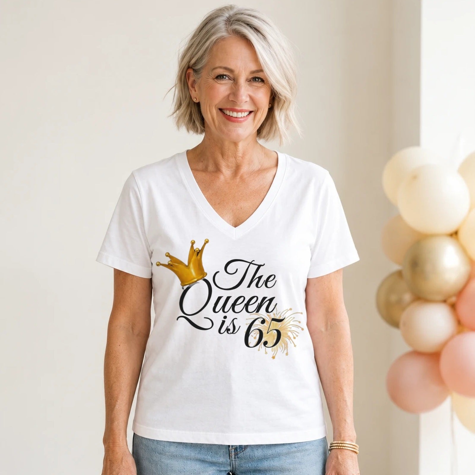 The Queen Is 65 - 65th Birthday Queen T-Shirt for Women - White V-Neck