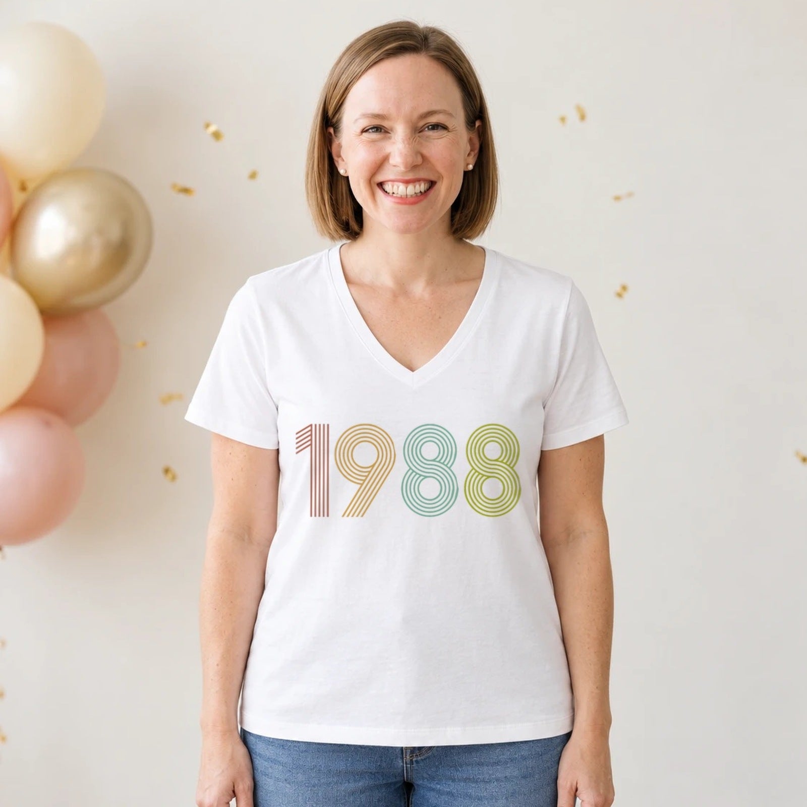 1988 Birth Year Shirt - Retro 38th Birthday T-Shirt for Women - White V-Neck